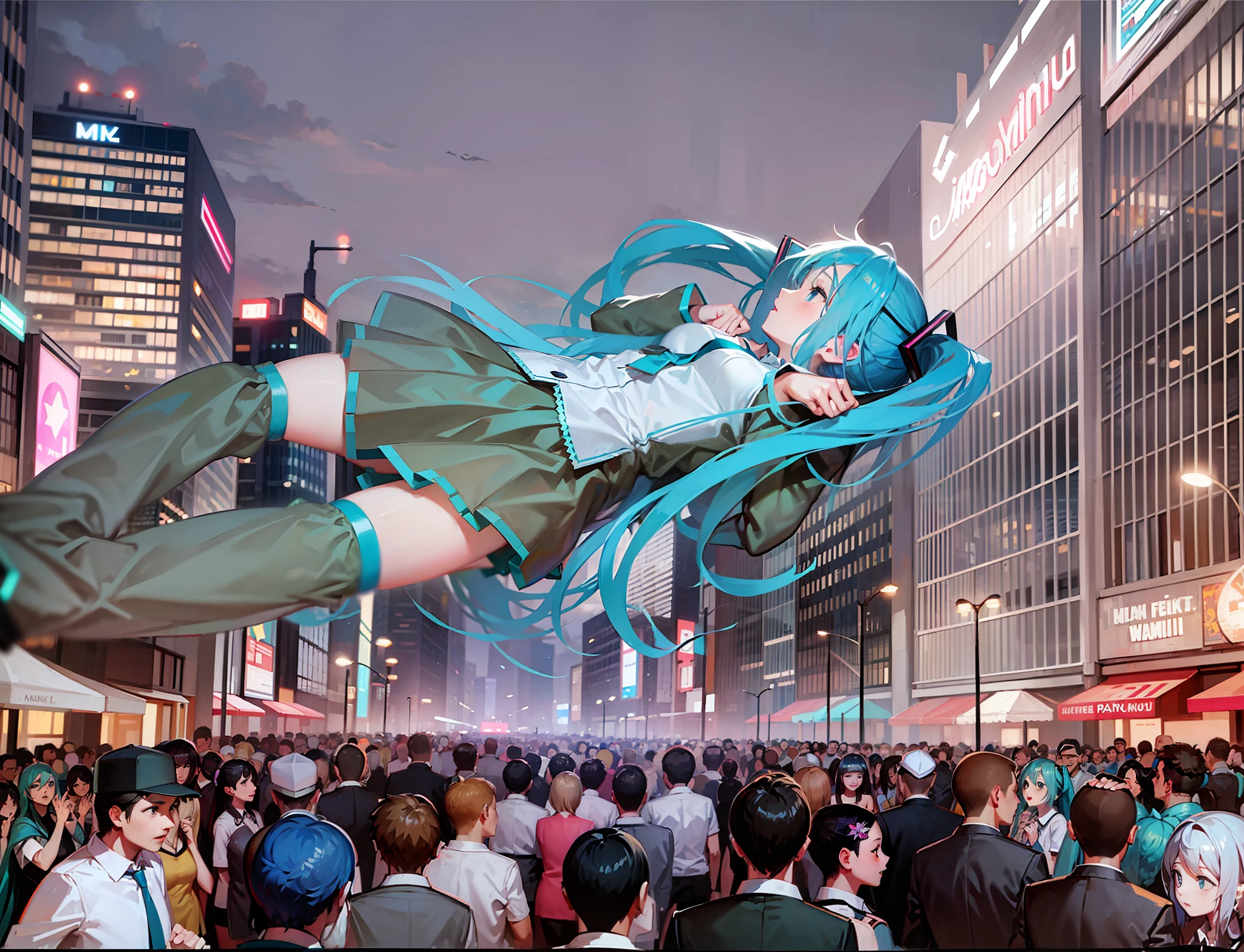 giant Hatsune Miku, crowd, street, expressionless,