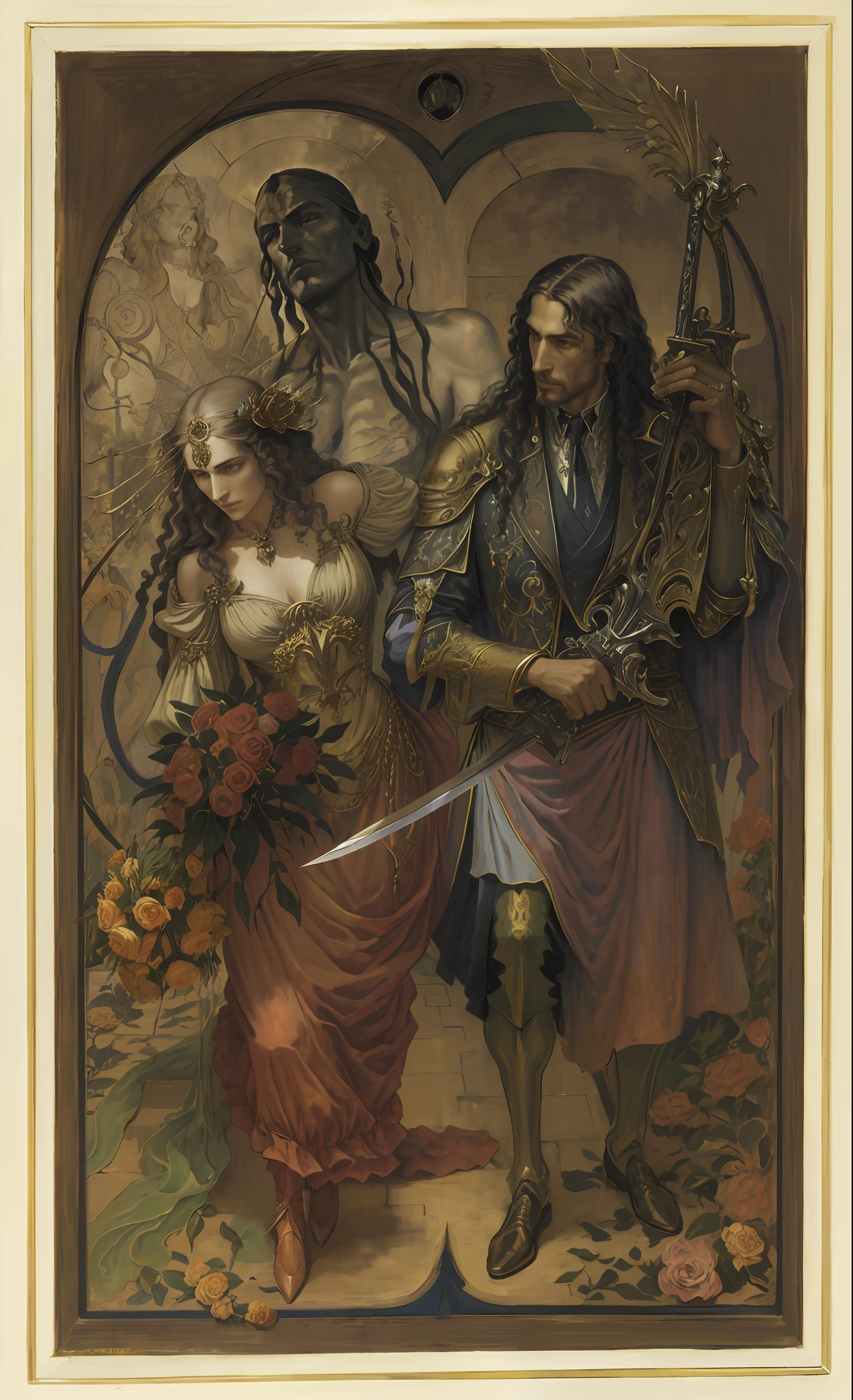 painting of a man holding a sword and a woman with a flower bouquet, by Austin Osman Spare, by Ernst Fuchs, andre masson, adolf wölfli and donato giancola, oz, by Kamāl ud-Dīn Behzād, by Fritz von Dardel, by József Breznay