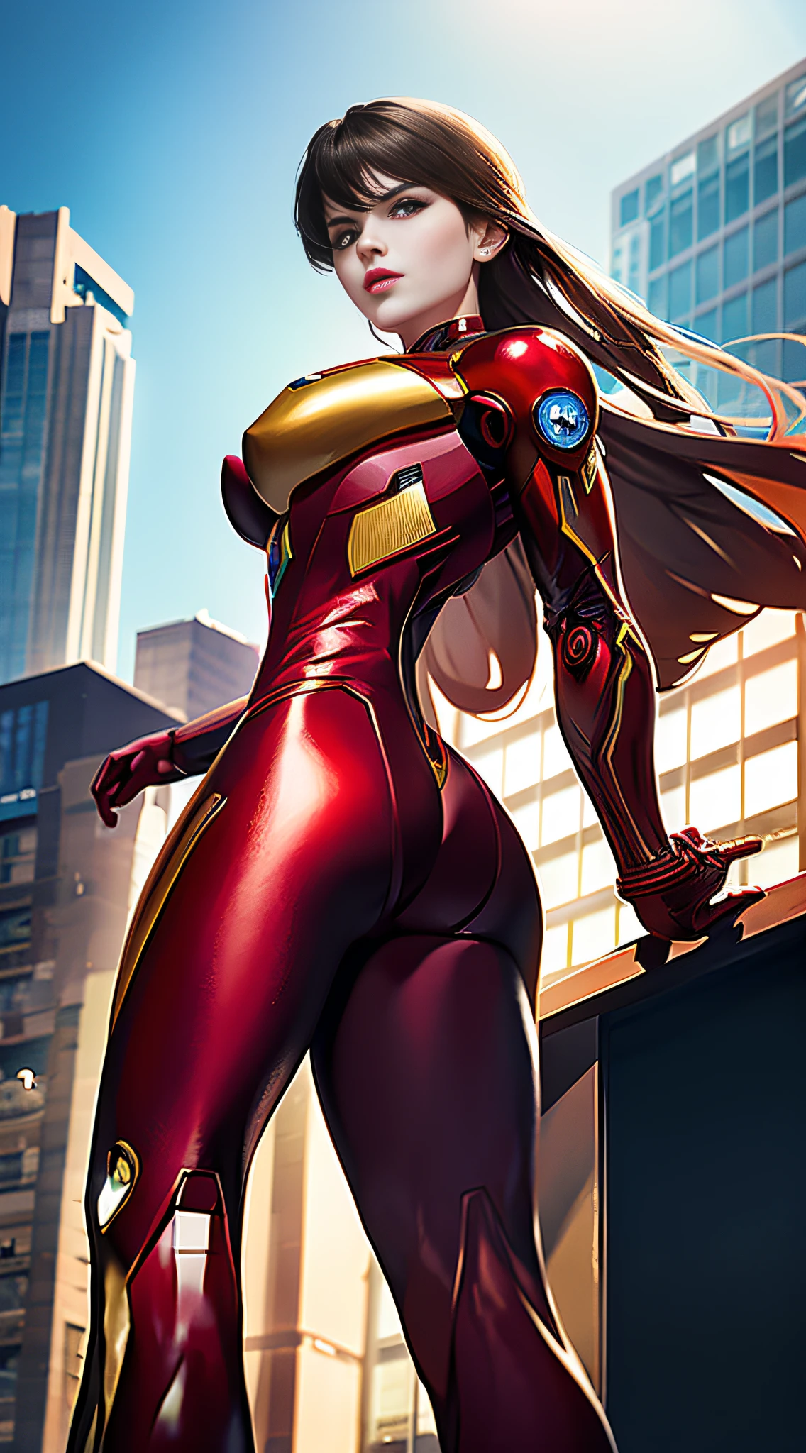 araffe woman in a red and gold suit posing on a large metal object, wojtek fus, like ironman, inspired by Marek Okon, iron man, superior iron man, lady in red armor, marvel style, by Jason Chan, stunning armor, ironman, portrait shot, red armor, alena aenami and artgerm, marvelous expression