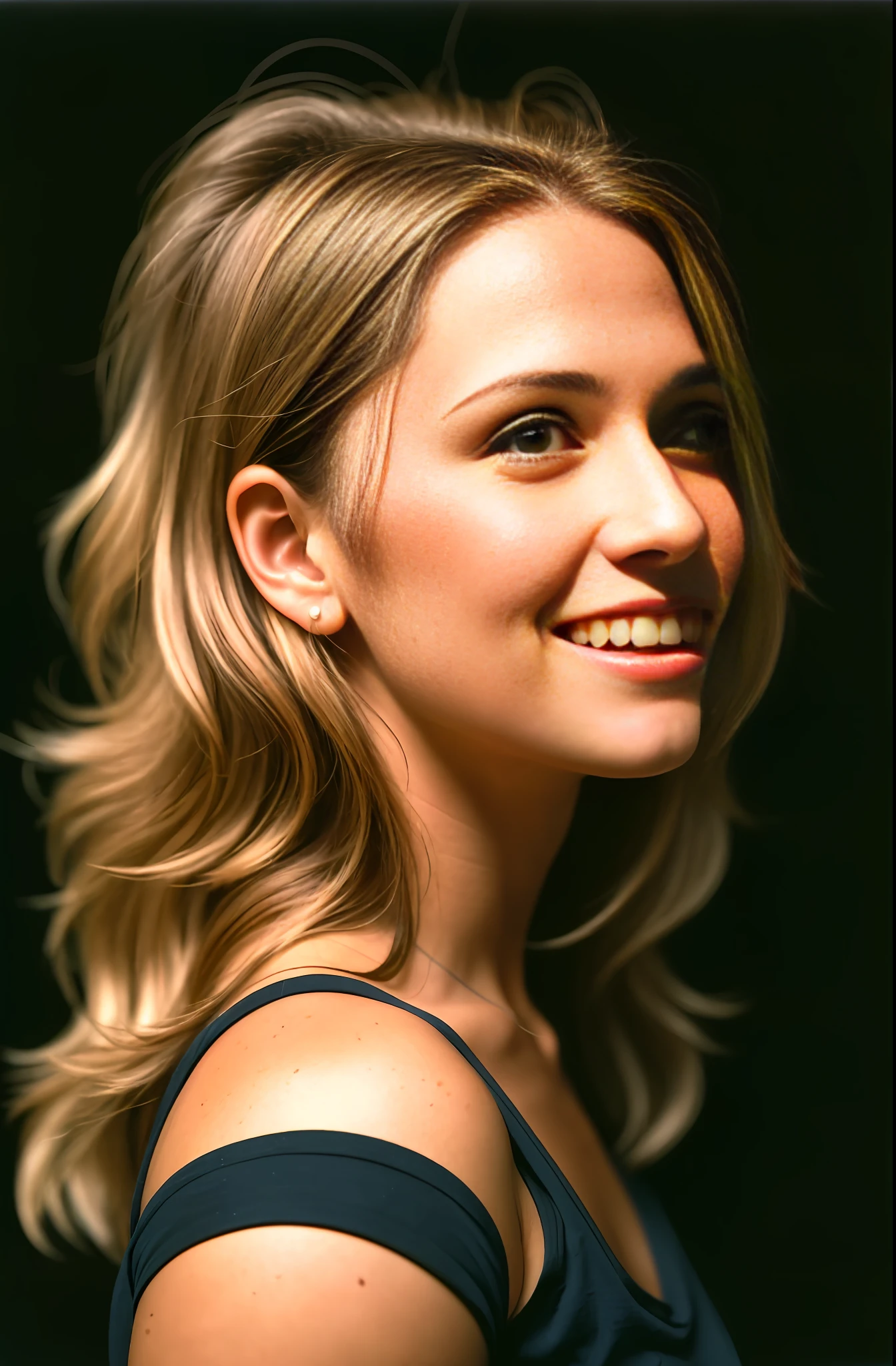 (Waist photo, profile photo of a 30-year-old woman in the 1970s), (Highly detailed face: 1.4) (smile: 0.5) (dark background: 1.3), spiked, (tong: 1.5), low angle view, lee jeffries, nikon D850, Kodak Portra 400, camera F1.6 lens, rich colors, ultra-realistic, realistic textures, dramatic lighting, Cinestill 800,