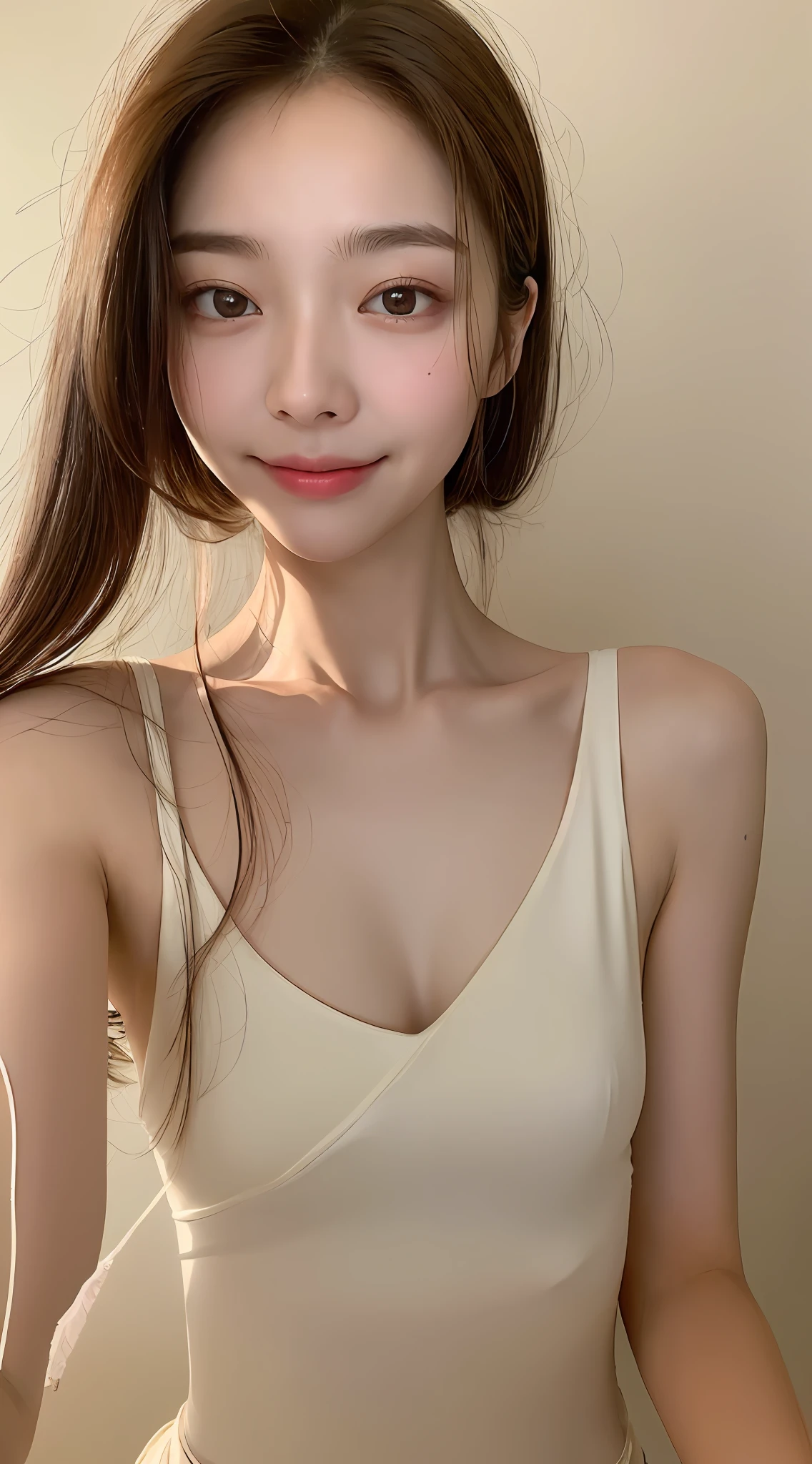 ((Best Quality, 8K, Masterpiece: 1.3)), 1 girl, slim, bare top, super slender face, delicate eyes, double eyelids, drooping eyes, smile, 17 years old