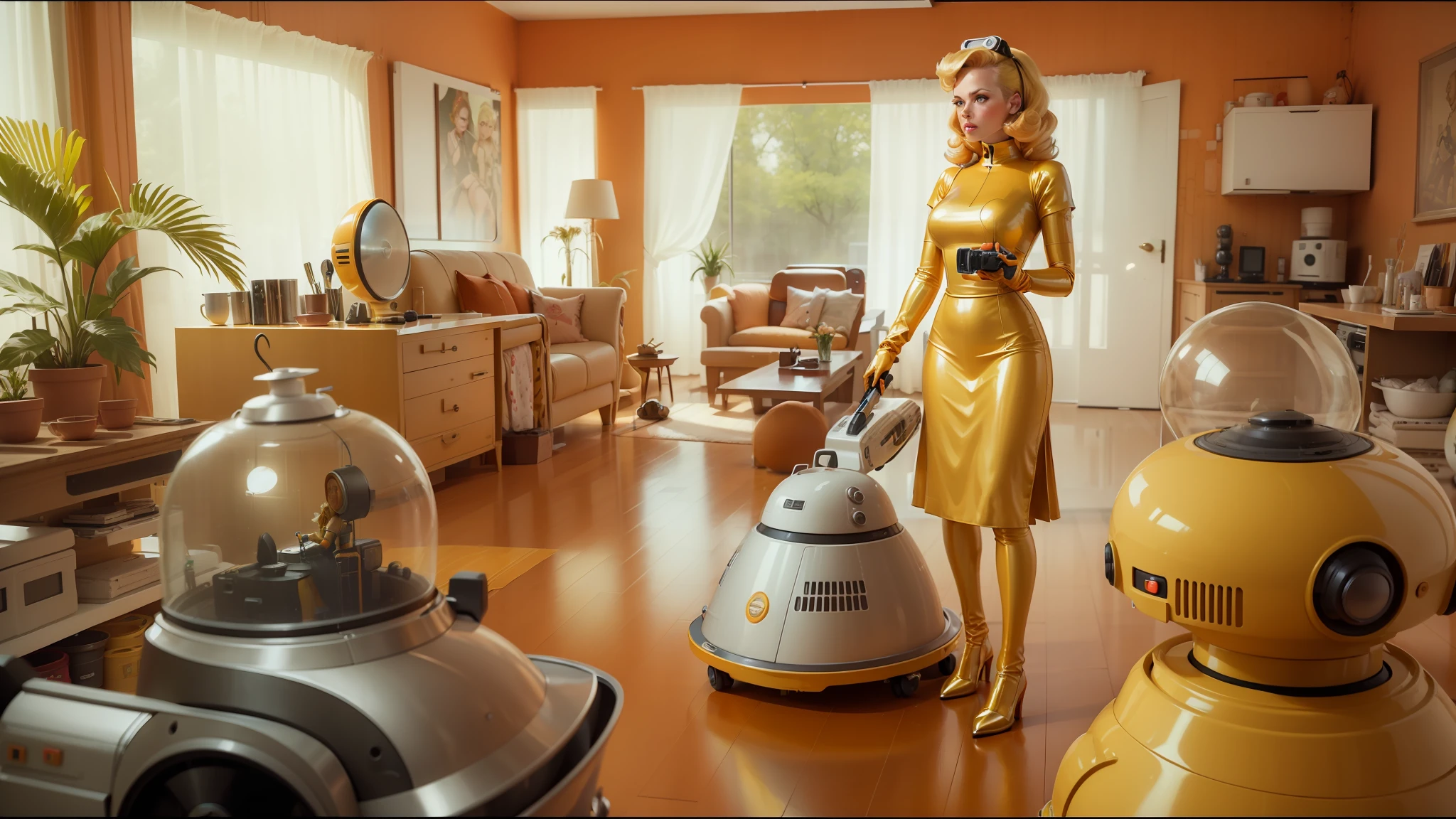 there is a woman that is cleaning a room with a vacuum, retrofuturistic depressing, yellow-orange, colour corrected, blonde women, big computer, a robot dog, gemini gold cloth, 5 0 s, still shot, wanda, hives, elvgren, droid, tvs, fiberglass, suburban --auto --s2