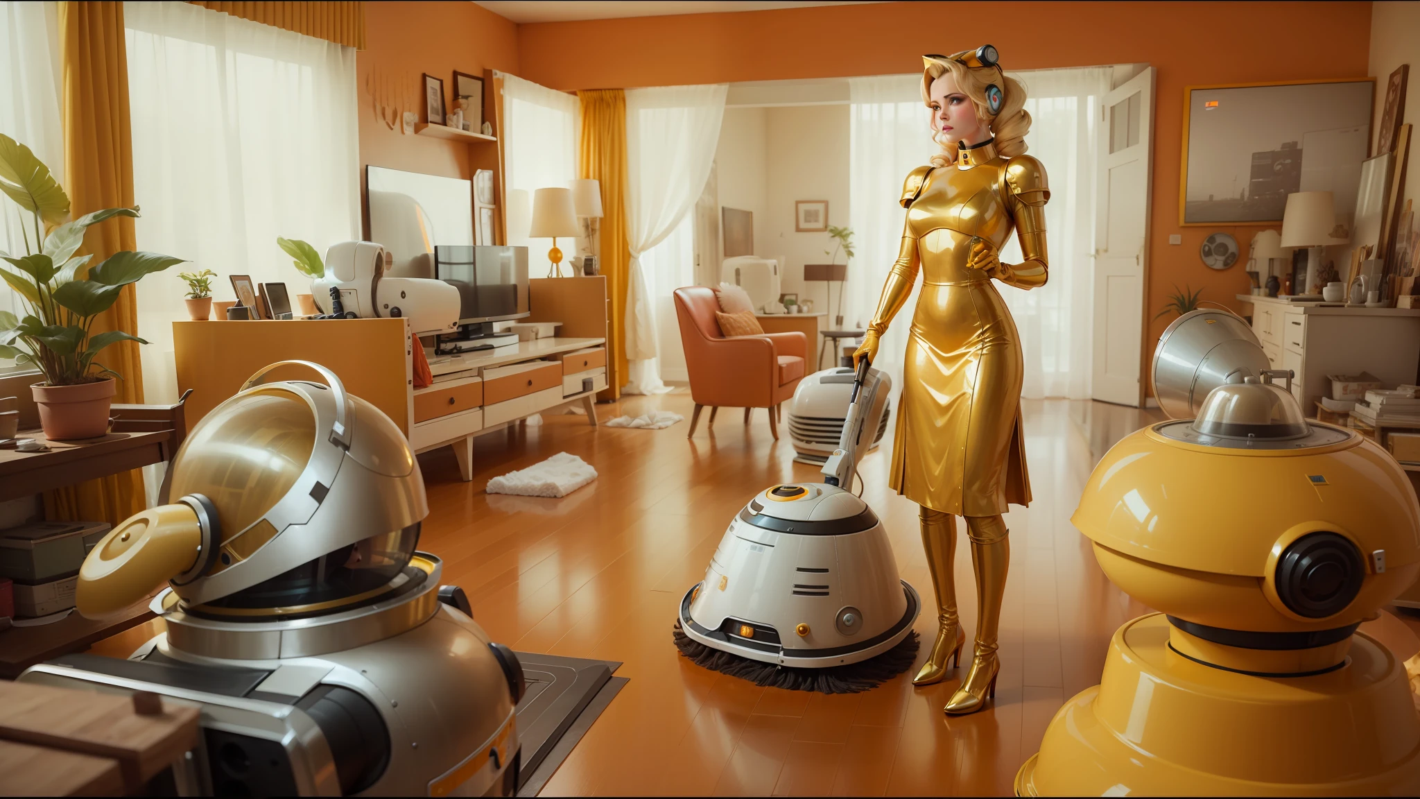 there is a woman that is cleaning a room with a vacuum, retrofuturistic depressing, yellow-orange, colour corrected, blonde women, big computer, a robot dog, gemini gold cloth, 5 0 s, still shot, wanda, hives, elvgren, droid, tvs, fiberglass, suburban --auto --s2