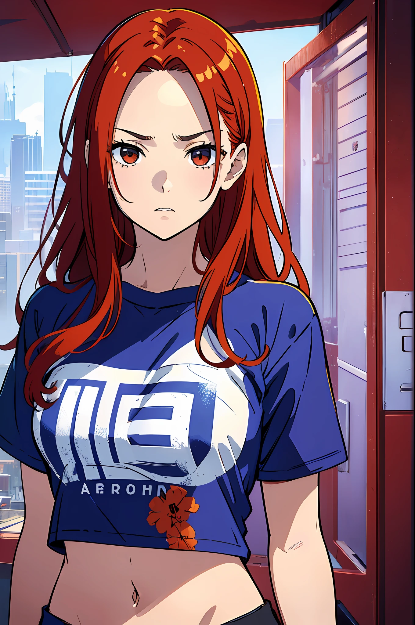 (masterpiece, top quality, high resolution: 1.4), 1 girl, red hair, glaring, forehead, navel, t-shirt,