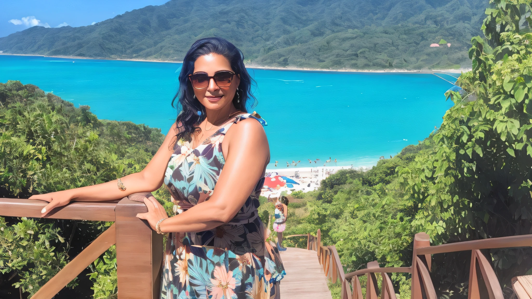 woman in a floral dress standing on a wooden railing overlooking a beach, profile image, malika favre, profile picture, turquoise water, 3 5 year brazilian mother, 30-year-old woman from cuba, profile pic, standing near the beach, by Nándor Katona, by Felipe Seade, 4 5 yo, lisa brawn