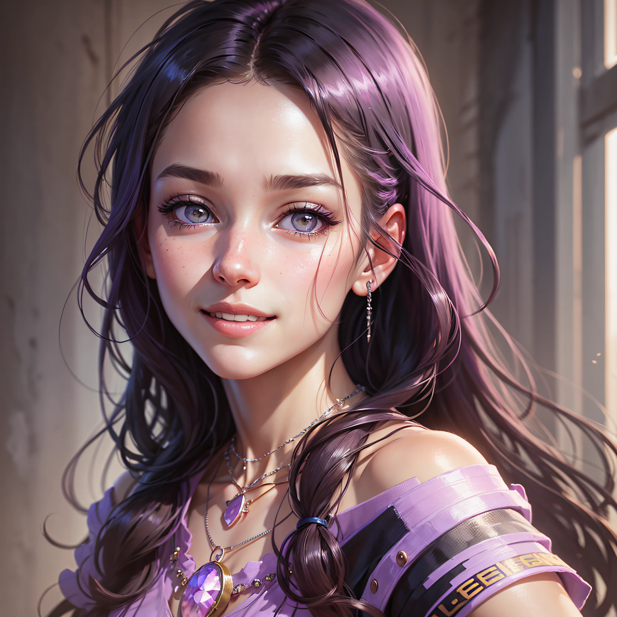 Close-up of a woman wearing a choke and necklace, 8K portrait rendering, pastel portrait shot 8 K, WLOP glossy skin, 8 K realistic digital art, WLOP. 4 k, WLOP style, inspired by WLOP, in WLOP style, 8k octave rendering photographs, smiling --auto --s2
