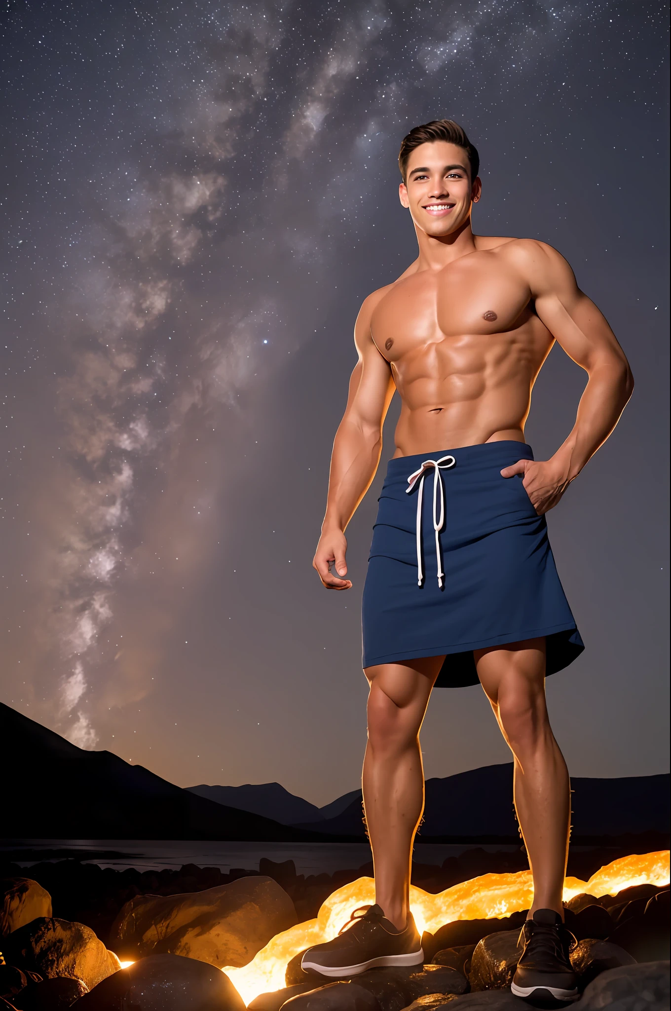 Handsome Francisco Portillo, 25 years old. (happy face), (dark blonde), (fit body: 1.5), (large muscle: 1.4), (lean muscle), proportionate body, blue eyes, bermuda dress. Standing near a lava river on a moonlit night