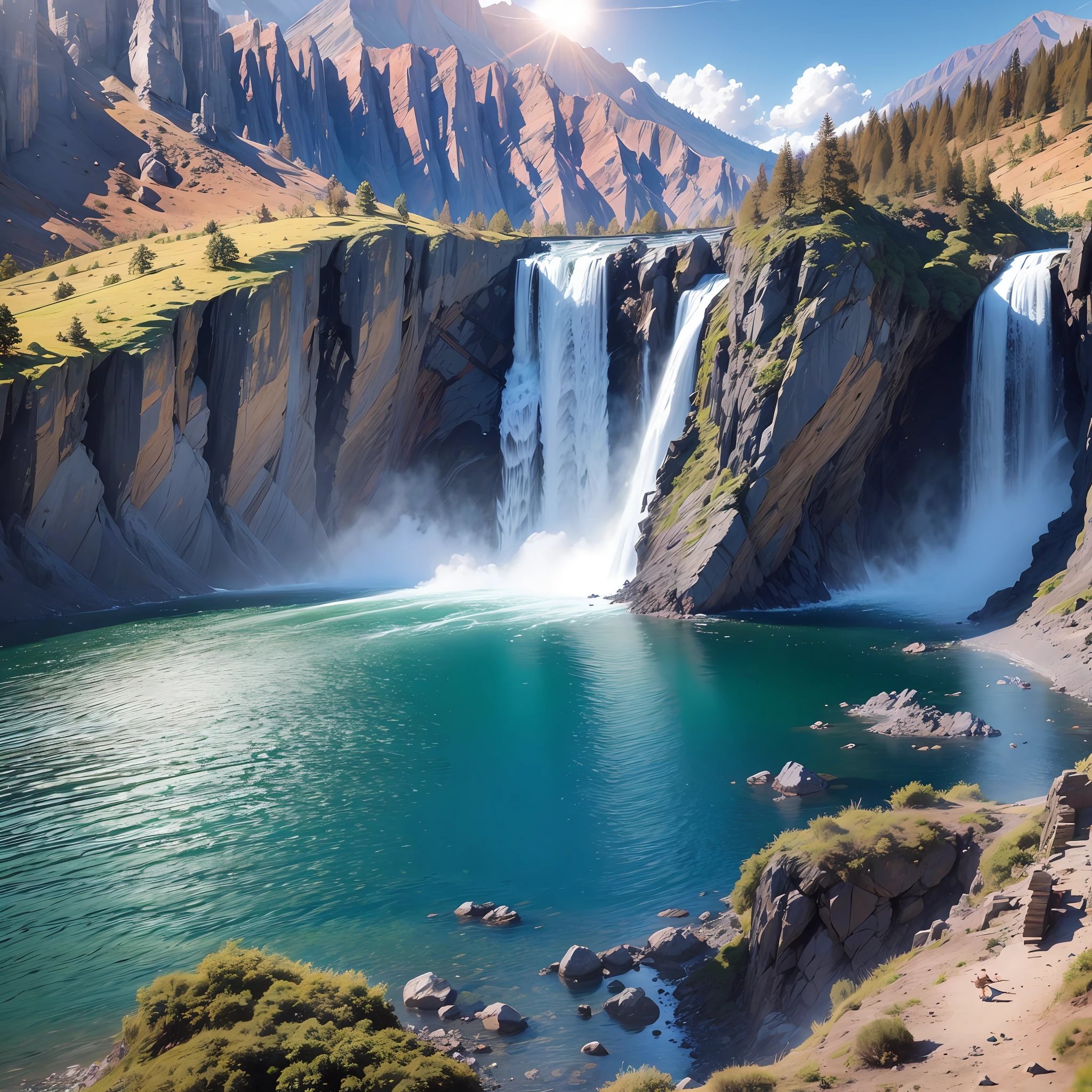 Rugged mountains, wide and falling waterfalls, blue sky, little clouds, sunshine, real, --auto --s2