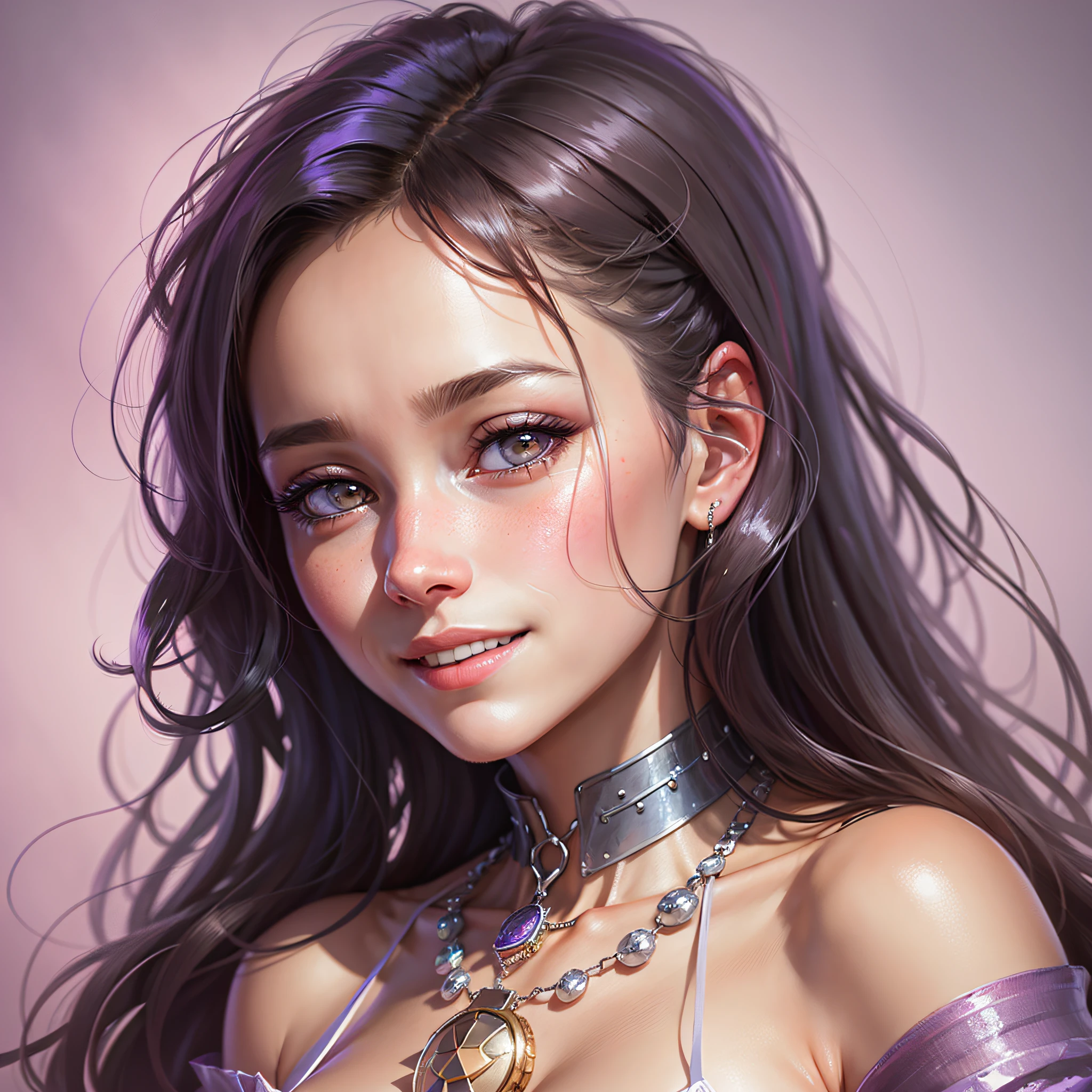 Close-up of a woman wearing a choke and necklace, 8K portrait rendering, pastel portrait shot 8 K, WLOP glossy skin, 8 K realistic digital art, WLOP. 4 k, WLOP style, inspired by WLOP, in WLOP style, 8k octave rendering photographs, smiling --auto --s2