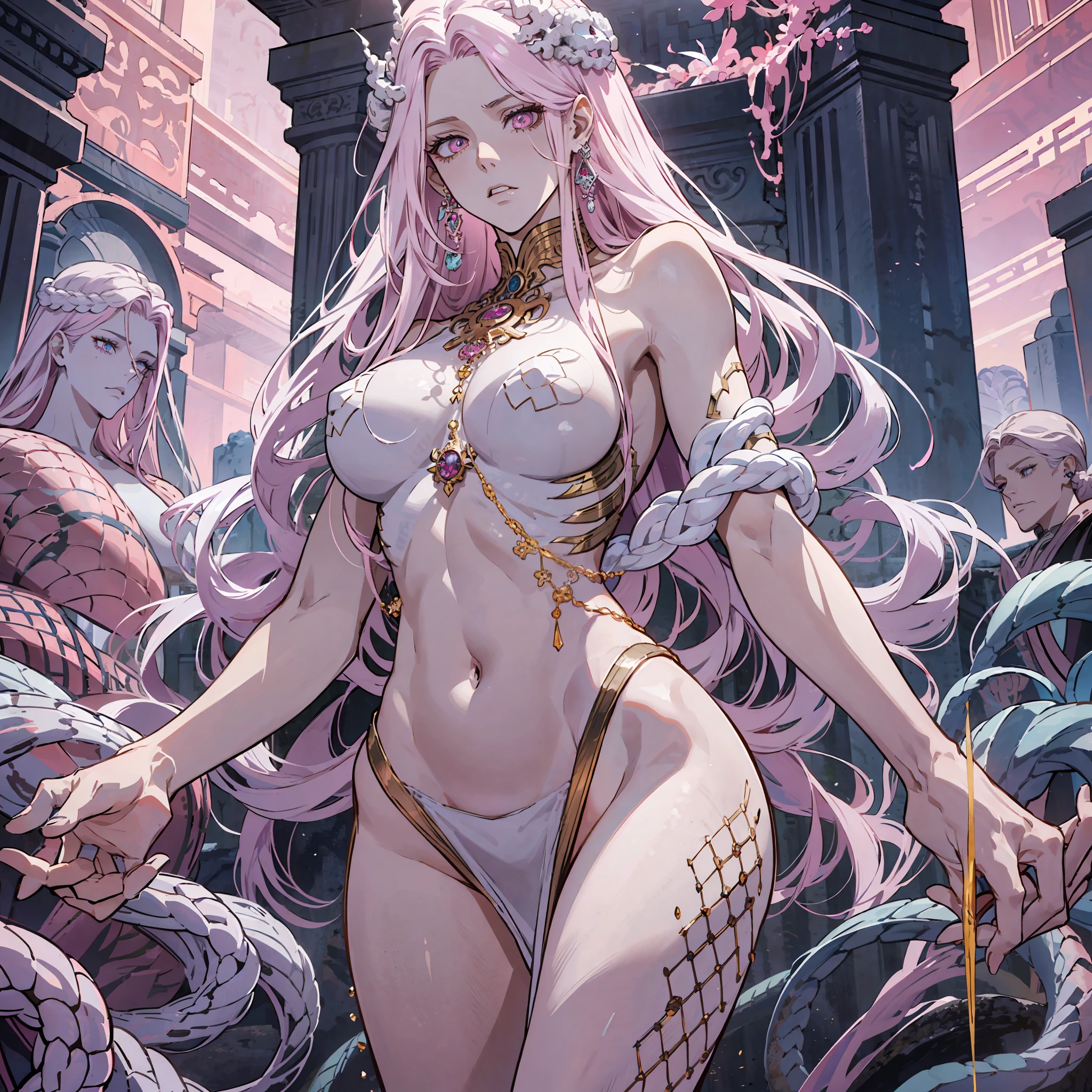 Medusa, hair composed of pink snakes, reddish white eyes, ultra-detailed sea surface, skulls in the reflection of her eyes, background of white stone statues of muscular and mature men, expression of anger and hatred, symbol of the feminine in the center, well-structured female body, golden jewels all over her body
