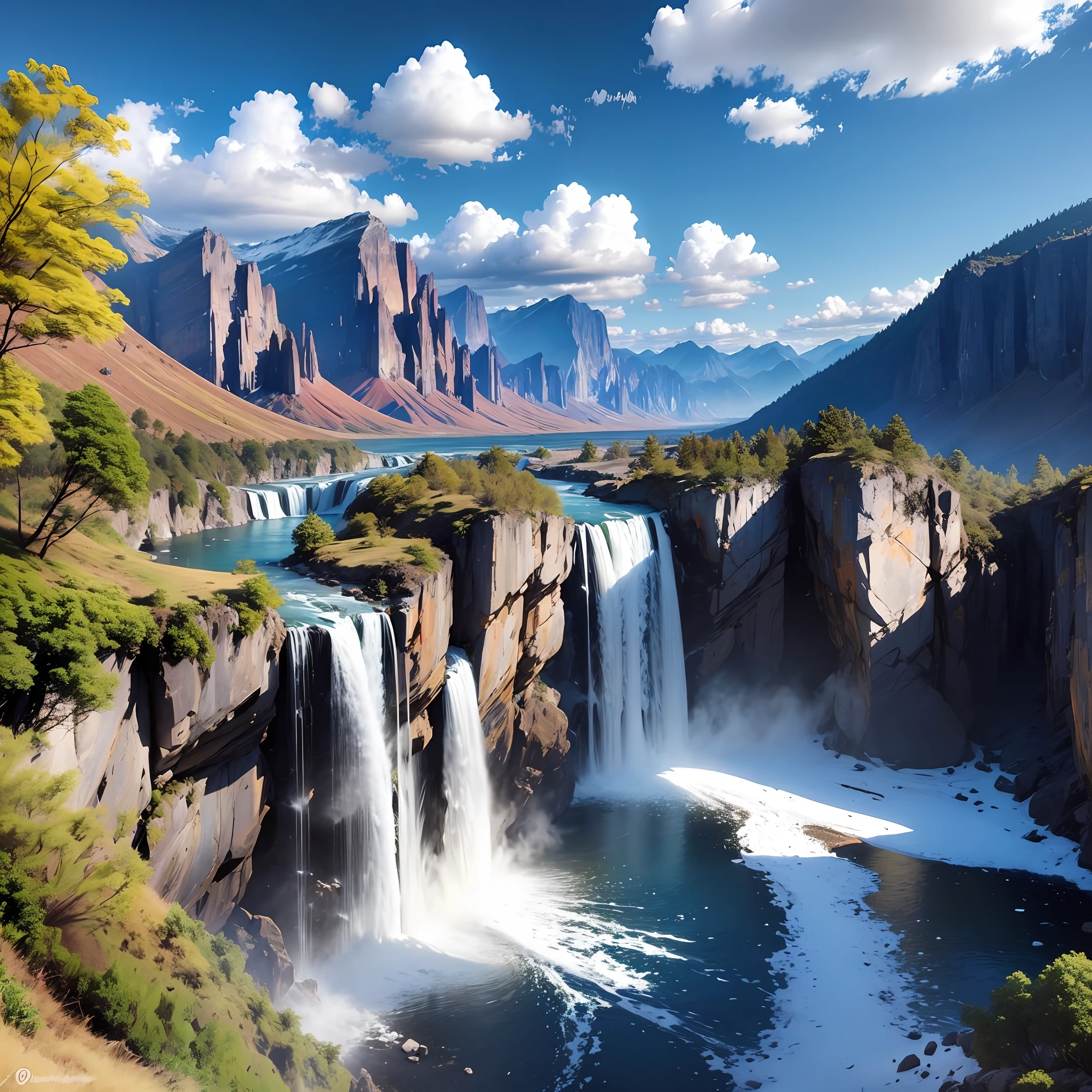 Rugged mountains, wide and falling waterfalls, blue sky, little clouds, sunshine, real, --auto --s2