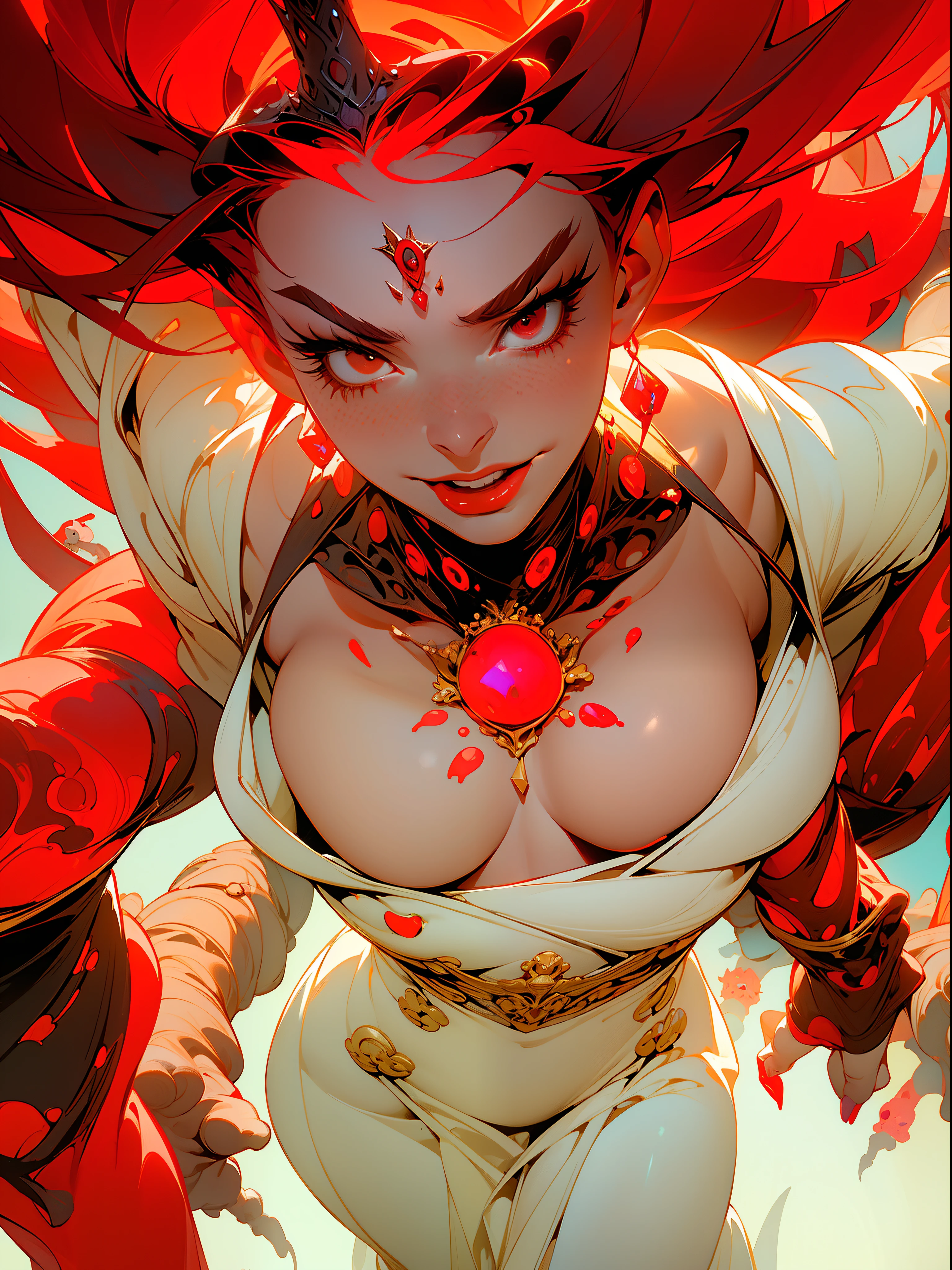 ((Best quality)), ((masterpiece)), (detailed: 1.4), (Absurd), Spawn woman, reborn from hell with several small demons and skeletons at her feet, beautiful, red hair, long shed with her legs out, crown with two long ciphers, full body, perfect body, generous neckline, hellish scene
