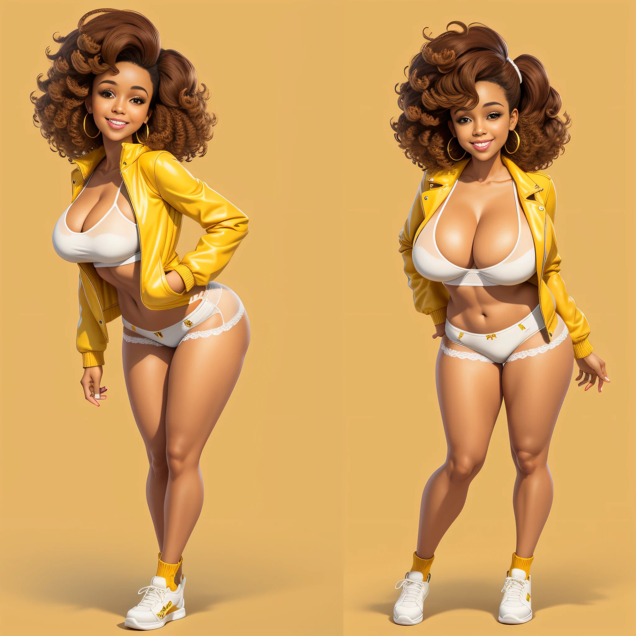 full body portrait, April O'Neil 1980s \(style\), 1girl, brown hair, retro artstyle, short curly hair, solo, yellow jacket open, yellow miniskirt unbutton_shirt, (natural_breasts:1.2), medium_breasts, cleavage, white bra showing, lace white bra, full body shot, model pose, shoes visible, ass view, face view, multiple viwes, white thong see thru