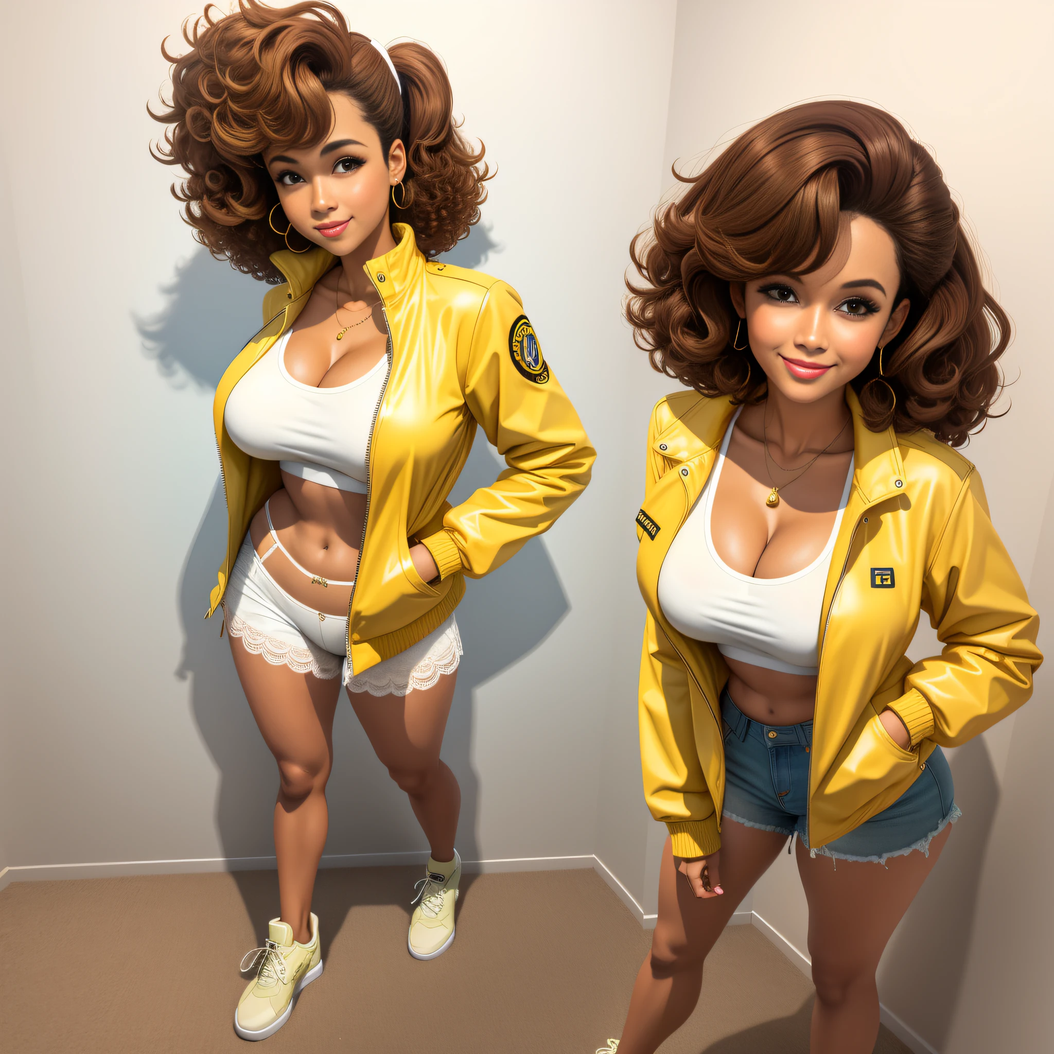 full body portrait, April O'Neil 1980s \(style\), 1girl, brown hair, retro artstyle, short curly hair, solo, yellow jacket open, yellow miniskirt unbutton_shirt, (natural_breasts:1.2), medium_breasts, cleavage, white bra showing, lace white bra, full body shot, model pose, shoes visible, ass view, face view, multiple viwes, white thong see thru