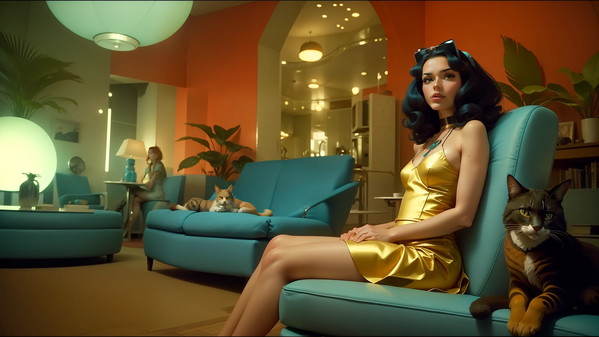 there is a woman sitting on a blue chair with a cat, roger deakin ’ s cinematography, retro futuristic apartment, aquatic, catwalk, by Erwin Bowien, ffffound, 2 0 1 1, foxes, from the 7 0 s, cellphone, muse, fiberglass --auto --s2