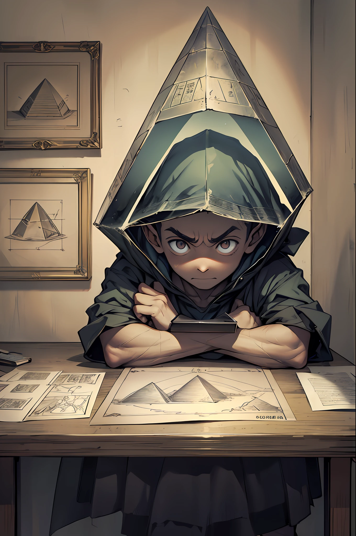 terrified boy with his arms on a table in an extremely dark room looking at a paper with a drawing of a pyramid. --auto --s2