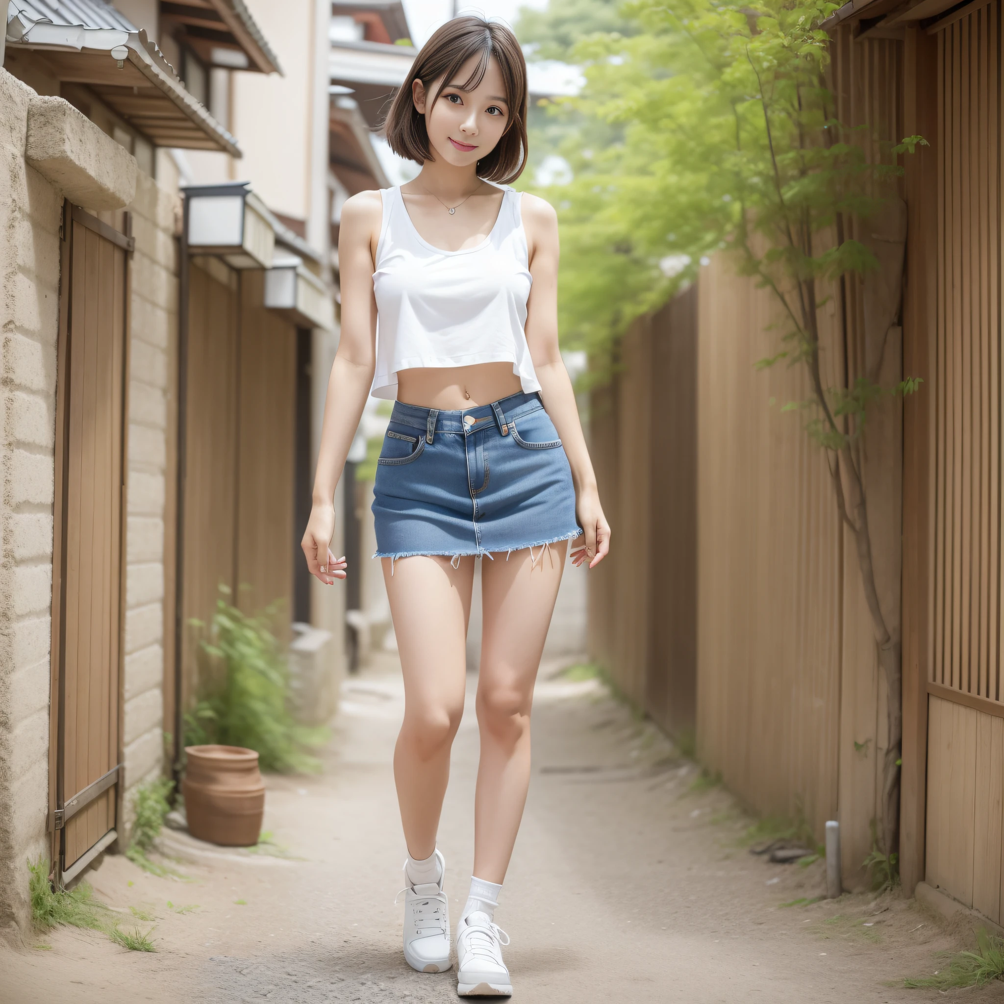 Araf woman in white tank top and denim mini skirt posing for photo, Sakura Miyawaki, slim girl model photo, Japan female fashion model, female model, fashion model, thin waist, Larisa Manoval, standing figure, LE SSERAFIM, front, sand, smile, Kim Chae won, full body,