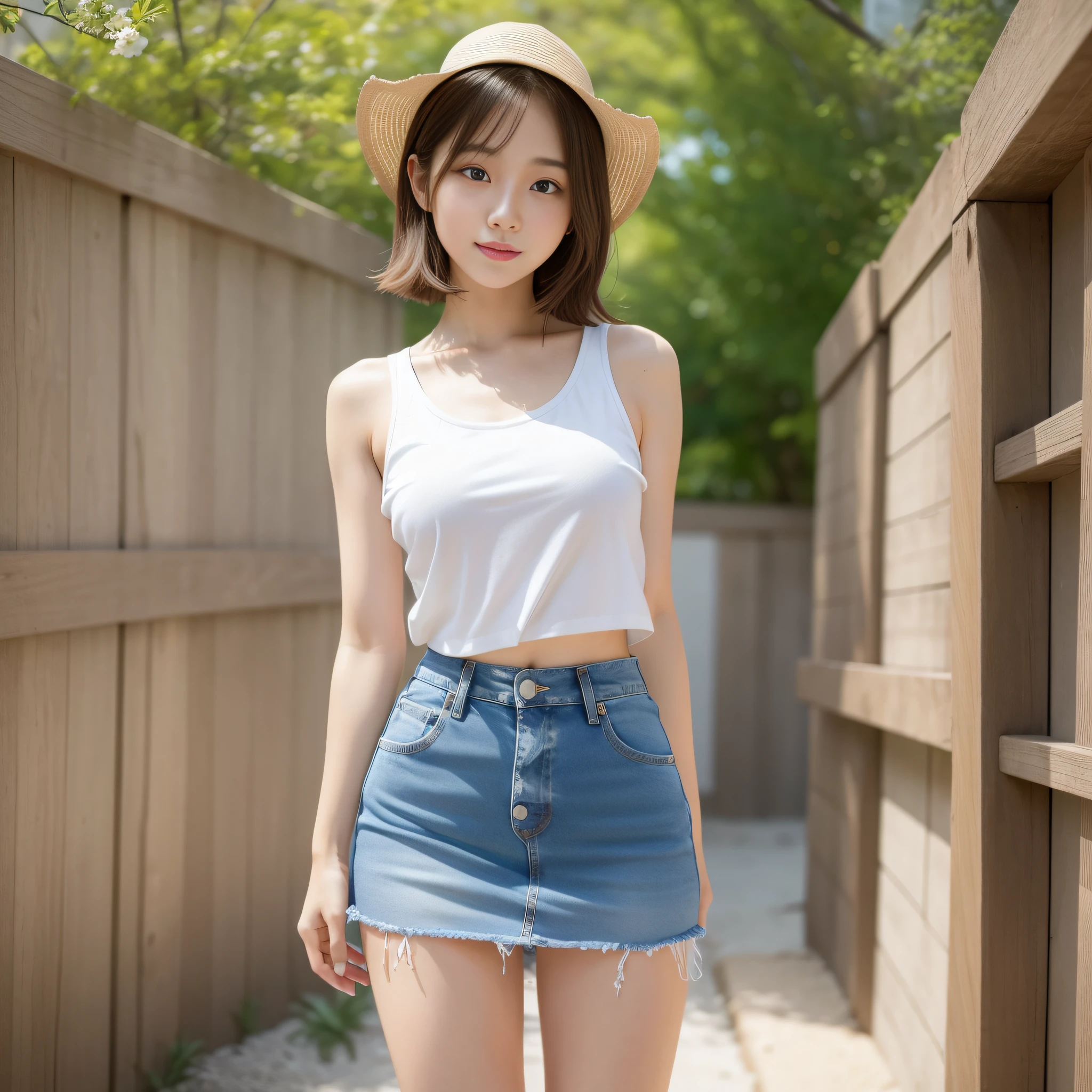Araf woman in white tank top and denim mini skirt posing for photo, Sakura Miyawaki, slim girl model photo, Japan female fashion model, female model, fashion model, thin waist, Larisa Manoval, standing figure, LE SSERAFIM, front, sand, smile, Kim Chae won, full body,