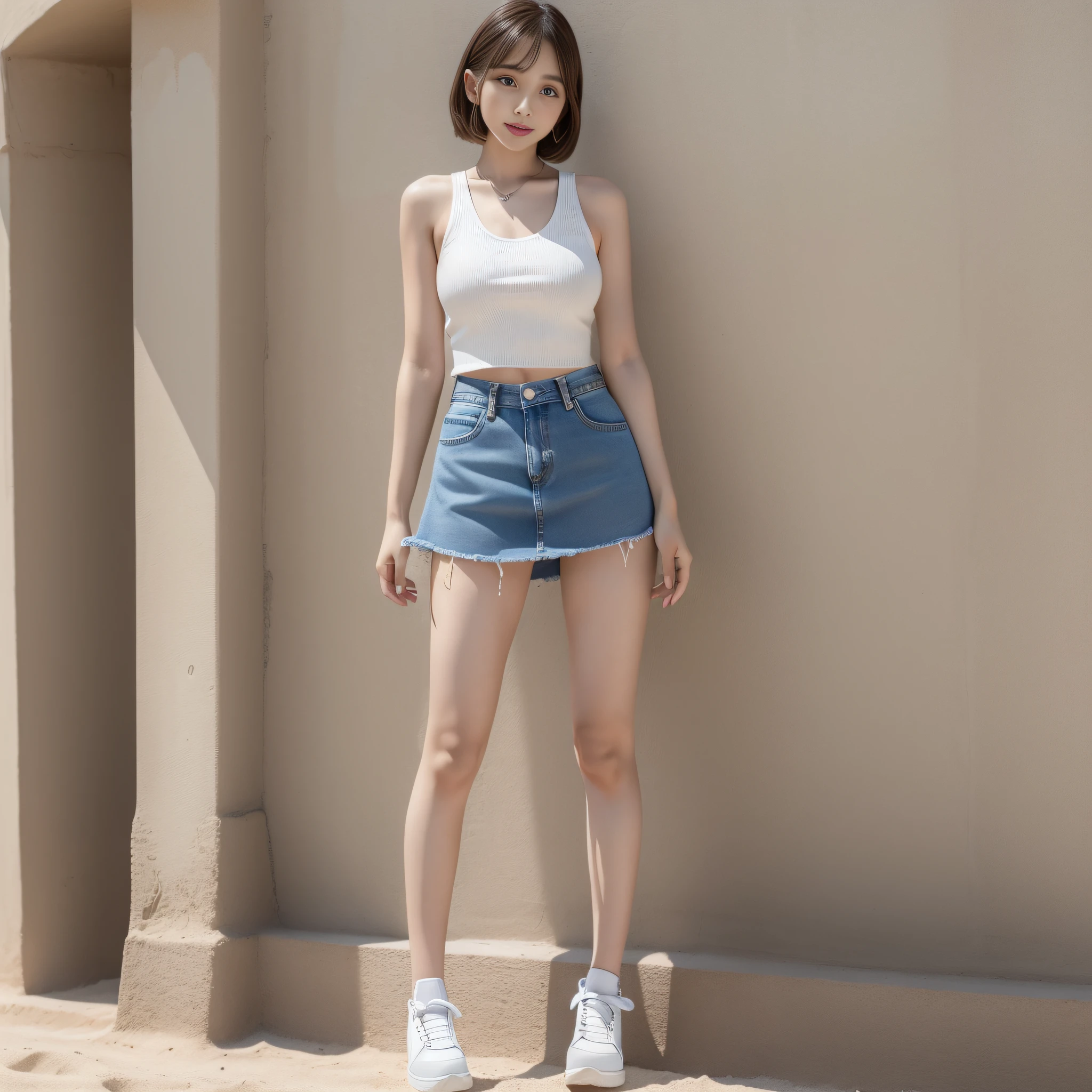 Araf woman in white tank top and denim mini skirt posing for photo, Sakura Miyawaki, slim girl model photo, Japan female fashion model, female model, fashion model, thin waist, Larisa Manoval, standing figure, LE SSERAFIM, front, sand, smile, Kim Chae won, full body,