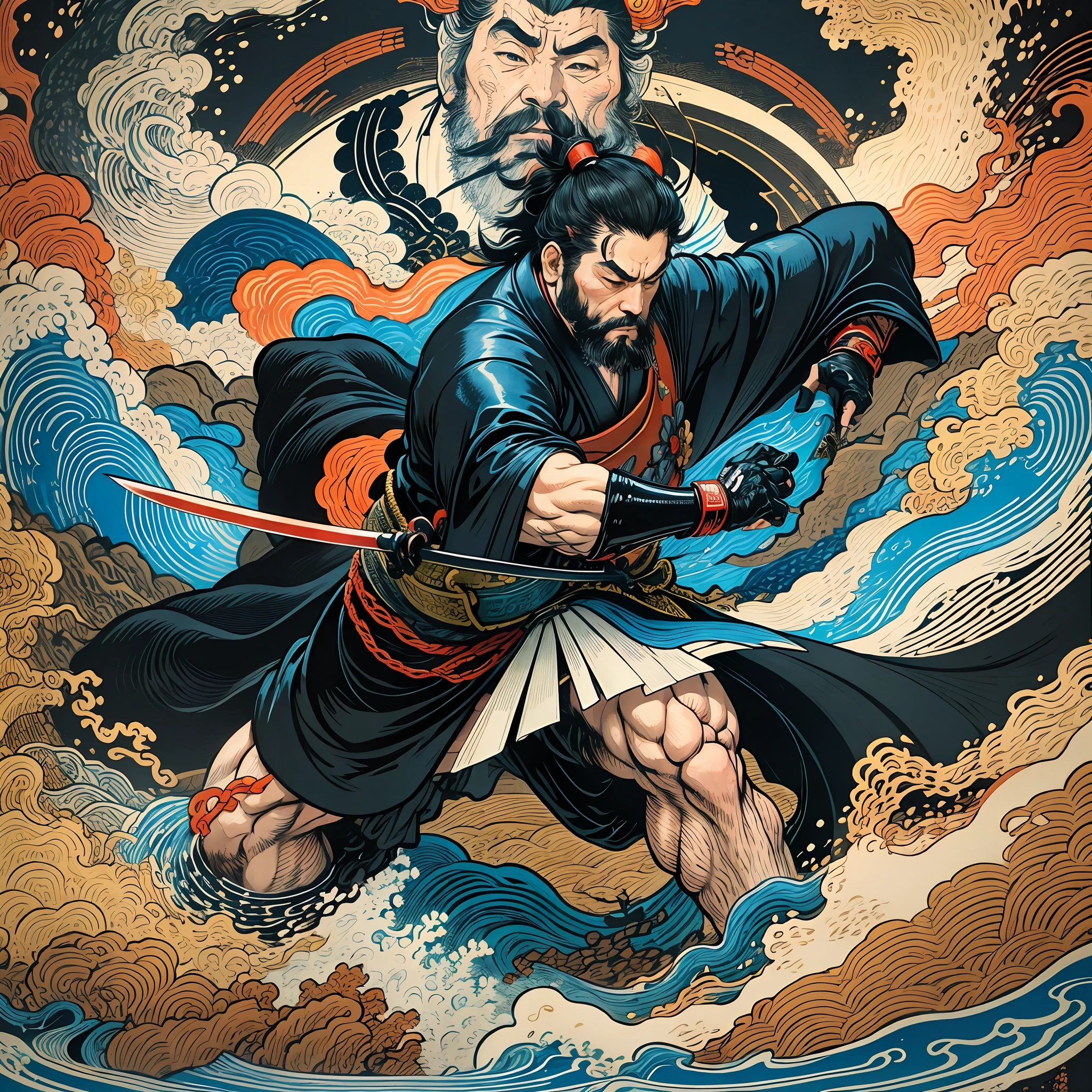 It is a full-body painting with natural colors with Katsushika Hokusai-style line drawings. The swordsman Miyamoto Musashi is a Japan samurai with a large and strong physique like a professional wrestler. His face is very dignified. He also has short black hair and a short, trimmed beard. His upper body is covered in a black kimono and his hakama is knee-long. In his right hand he holds a Japan sword with a longer sword part. High quality, masterpiece high resolution ukiyo-e style sharp glowing lightning and swirling red flames. Miyamoto Musashi powerfully swings his sword down towards the enemy in front. One sword and two cuts