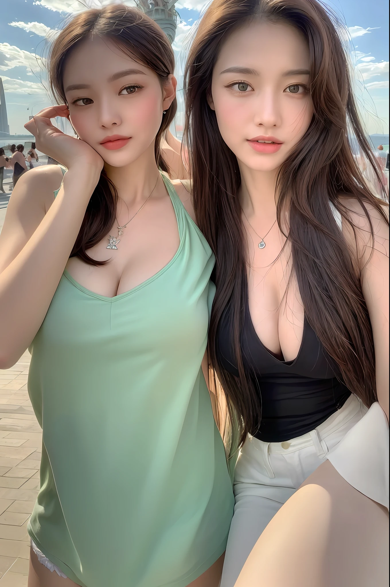 ((Best quality, 8k, Masterpiece :1.3)), Fashion photography, A pretty woman with perfect figure :1.4, Dark brown hair, Breasts, Wearing pendant, White t-shirt, Ripped shorts, The statue of liberty in background, Smirk, Highly detailed face and skin texture, Detailed eyes, Double eyelid
