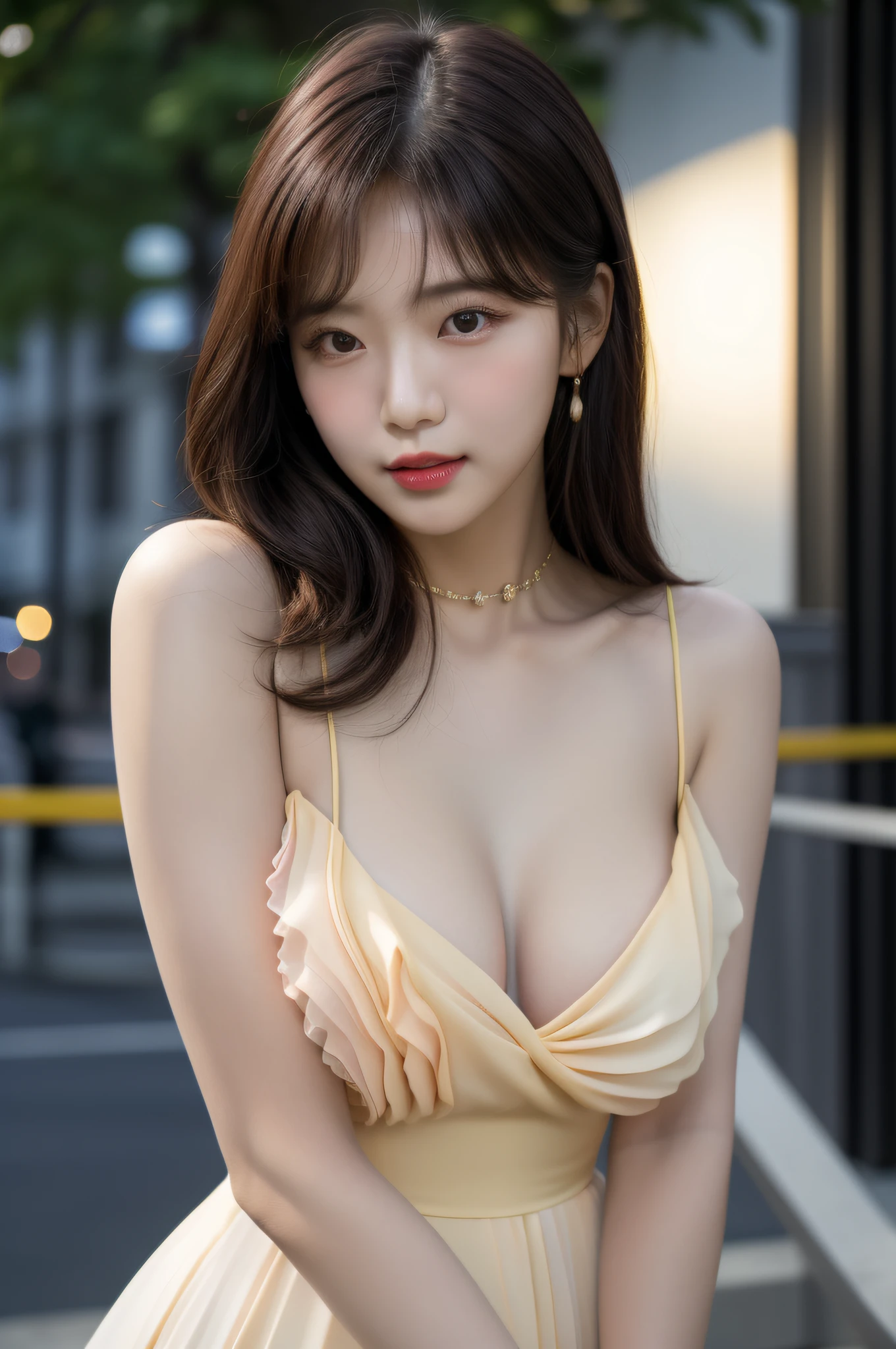 half-body photo of a korean girl, (Perfect beauty:1.37), ((platinum brown hair)), medium(((perfect natural breasts))), cleavage, ((dynamic pose)), sexy collarbone, oval face, double eyelids, smart peach blossom eyes, pink lips, small nose, bangs, (standing), earrings, ribbon choker, bare shoulders, (((light yellow chiffon summer dress))), (Outdoor, Night, Bokeh:1.125), Park view, Super fine face, Fine eyes, Double eyelids, (Clear focus), (Realistic lighting, Best quality, 8K, Masterpiece: 1.43),