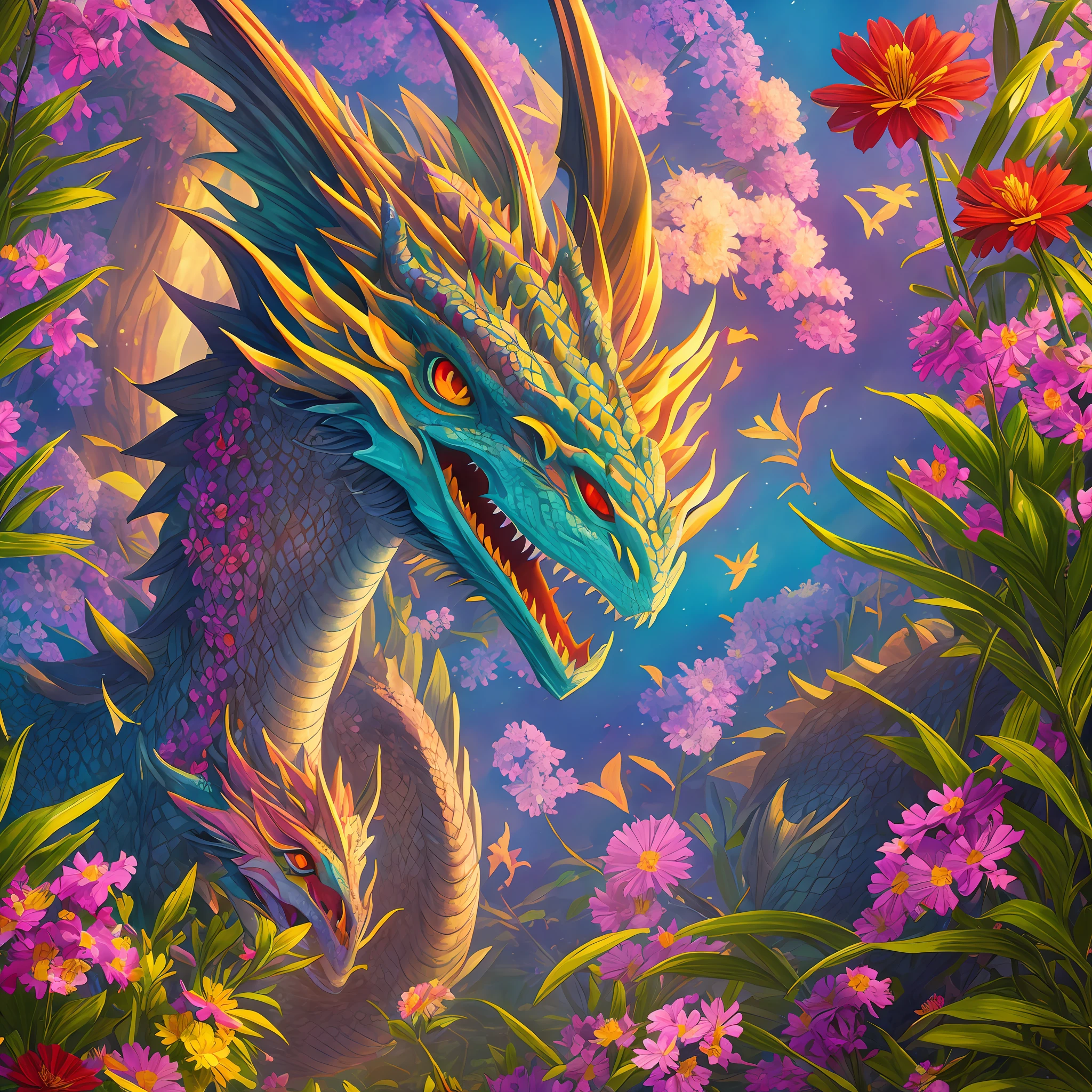 Dragon if flowers, vivid colors, cinematic focus, ultra detailed, 8k quality --auto --s2