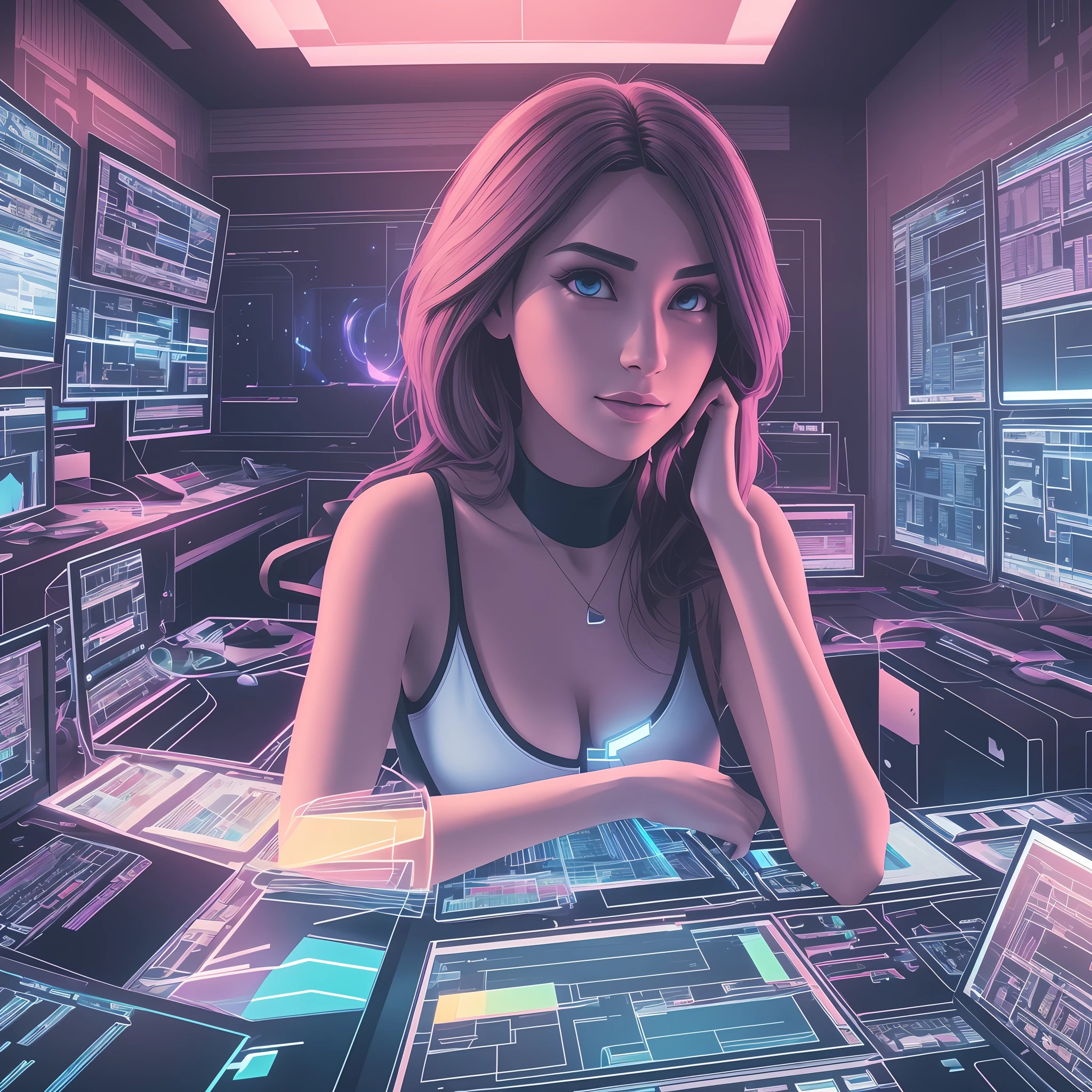 There is a woman designer sitting at a table in a room with several monitors, beeple-style, beeple daily art, beeple rendering, beeple |, beeple style, beeple!!, beeple masterpiece, 3 d render beeple, beeple. hyperrealism, beep art --auto --s2