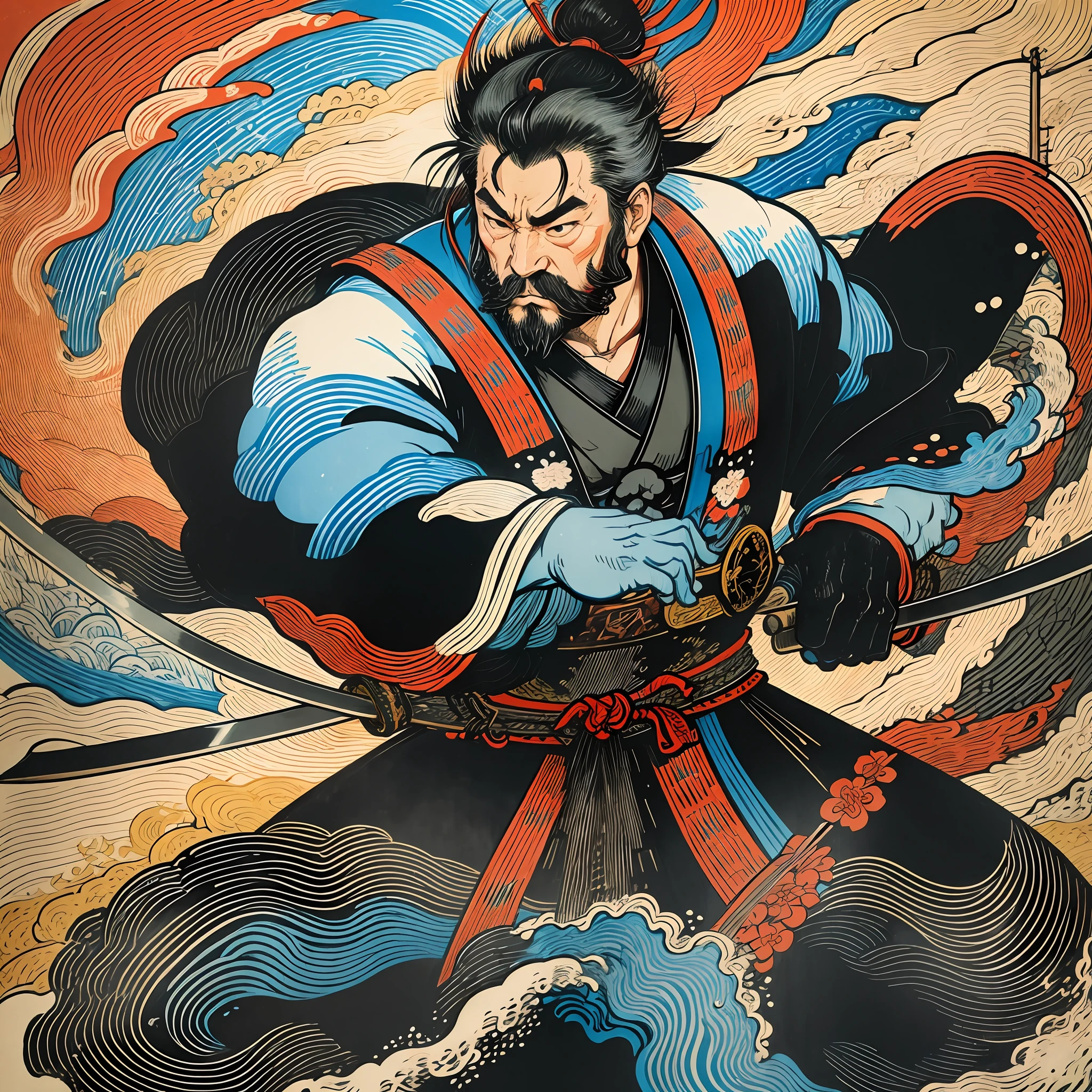 It is a full-body painting with natural colors with Katsushika Hokusai-style line drawings. The swordsman Miyamoto Musashi is a Japan samurai with a large and strong physique like a professional wrestler. His face is very dignified. He also has short black hair and a short, trimmed beard. His upper body is covered in a black kimono and his hakama is knee-long. In his right hand he holds a Japan sword with a longer sword part. High quality, masterpiece high resolution ukiyo-e style sharp glowing lightning and swirling red flames. Miyamoto Musashi powerfully swings his sword down towards the enemy in front. One sword and two cuts