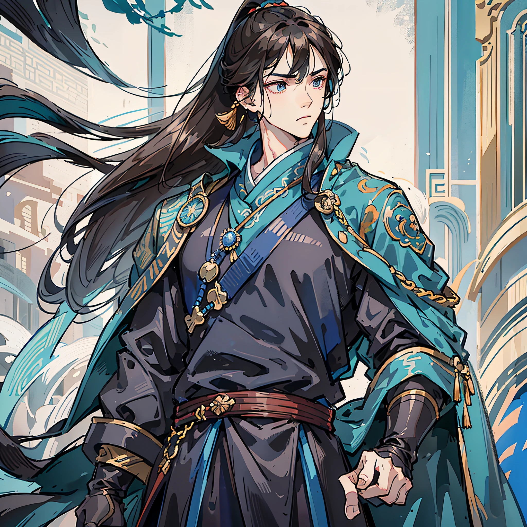 Masterpiece, Excellent, Daytime, 1 Man, Chinese Style, Ancient China, Chinese Court, Eagle, Turquoise Brown Hair, Gray-Blue Eyes, Split Hair, Long Hair, Long Bangs, High Ponytail, Handsome, Handsome, Serious, Gentle, Tall, Quiet, Dark Clothes, Gray-Blue Clothes, Dark Blue Clothes, Prince, Sword, Looking Down --auto --s2