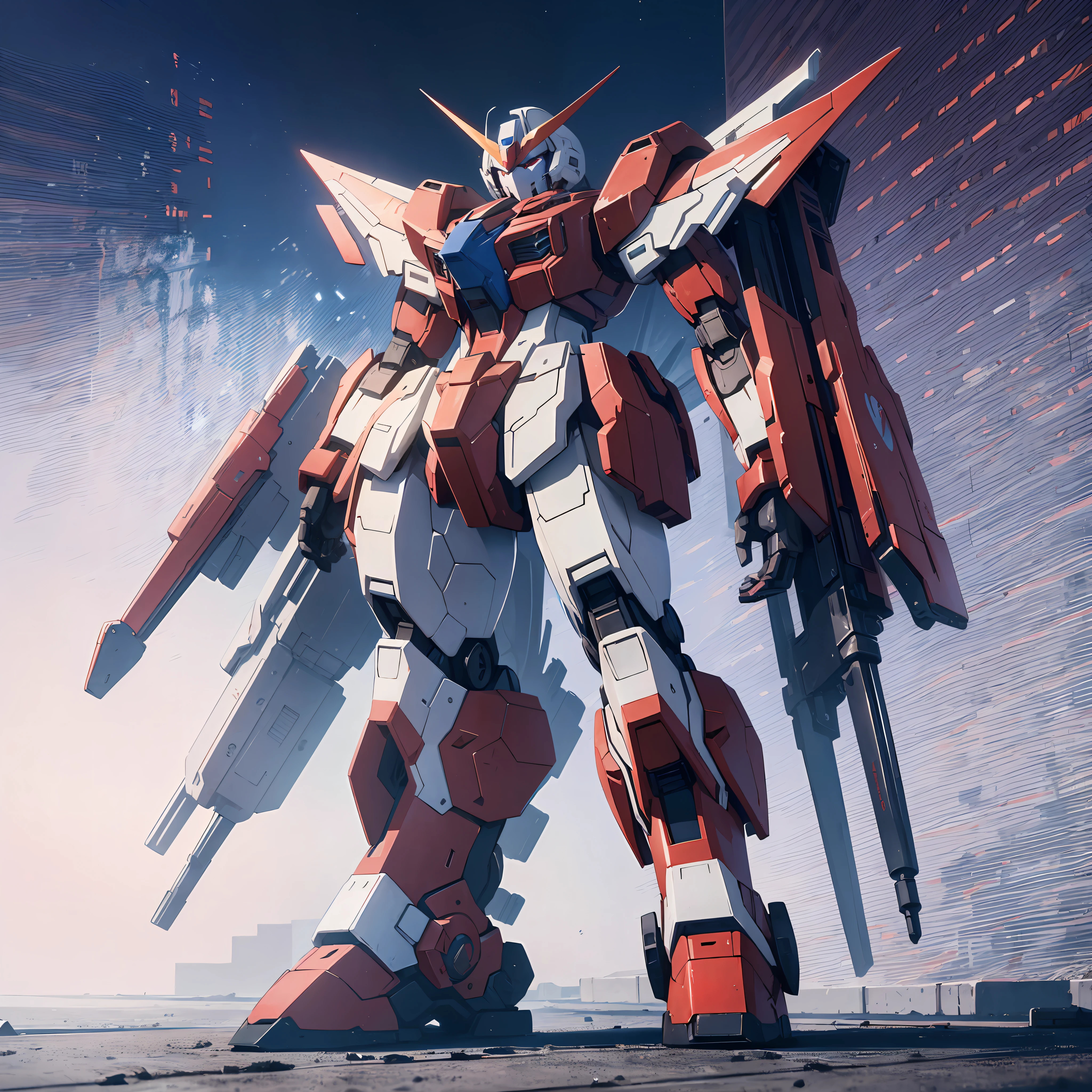 Red, Blue and White Mech, Gundam (Full Body Display) (Best Quality: 1.1) (Masterpiece: 1.3) with Unparalleled Masterpiece, Surreal 8K, Perfect Artwork, Super Detail, Best Quality, Masterpiece 4K Wallpaper Aesthetics, Masterpiece, Award Winning Artwork, Official Art, Cinematic Lighting