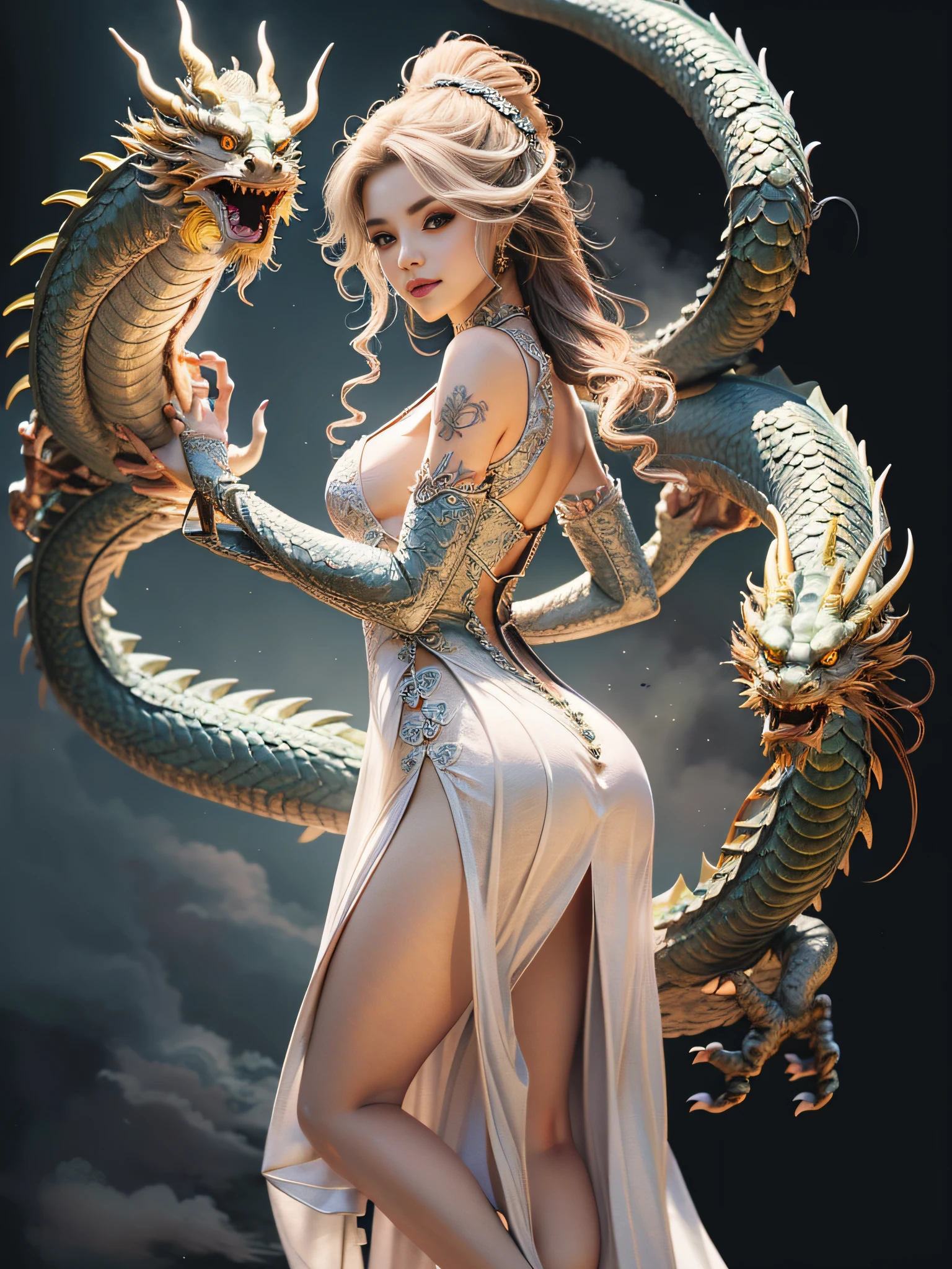 dragon_real, (extremely detailed CG 8k wallpaper, masterpiece, best quality, ultra detailed, beautiful detailed eyes: 1.2), best lighting, (best shadow, extremely delicate and beautiful bloom), the girl was surrounded by dragons, ( 1girl: 1.4), breasts, solo, full body, back tattoo, white dress, (dragon color: 1.4), bare leg, long dress,