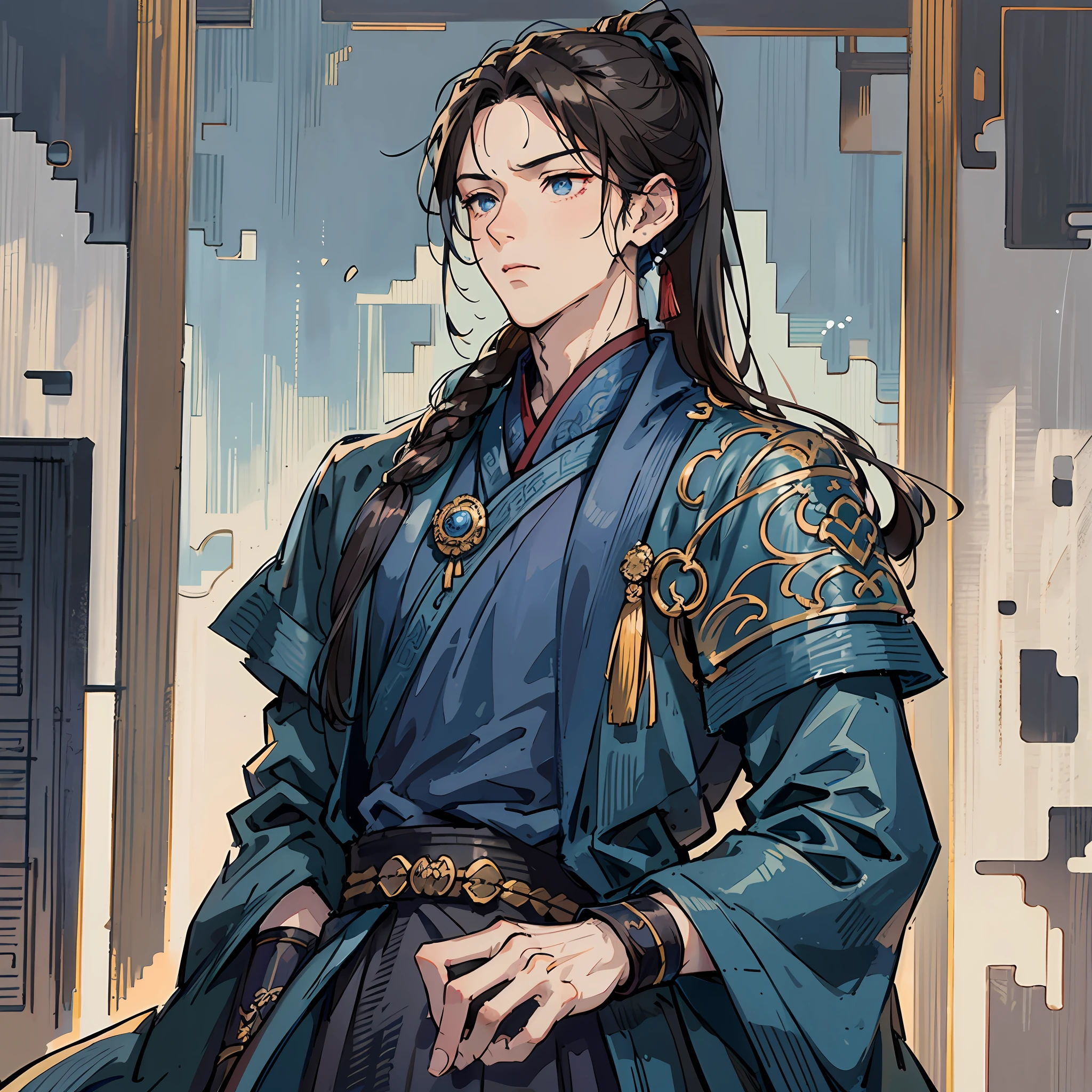 Masterpiece, Excellent, Daytime, 1 Man, Chinese Style, Ancient China, Chinese Court, Eagle, Turquoise Brown Hair, Gray-Blue Eyes, Split Hair, Long Hair, Long Bangs, High Ponytail, Handsome, Handsome, Serious, Gentle, Tall, Quiet, Dark Clothes, Gray-Blue Clothes, Dark Blue Clothes, Prince, Sword, Looking Down --auto --s2