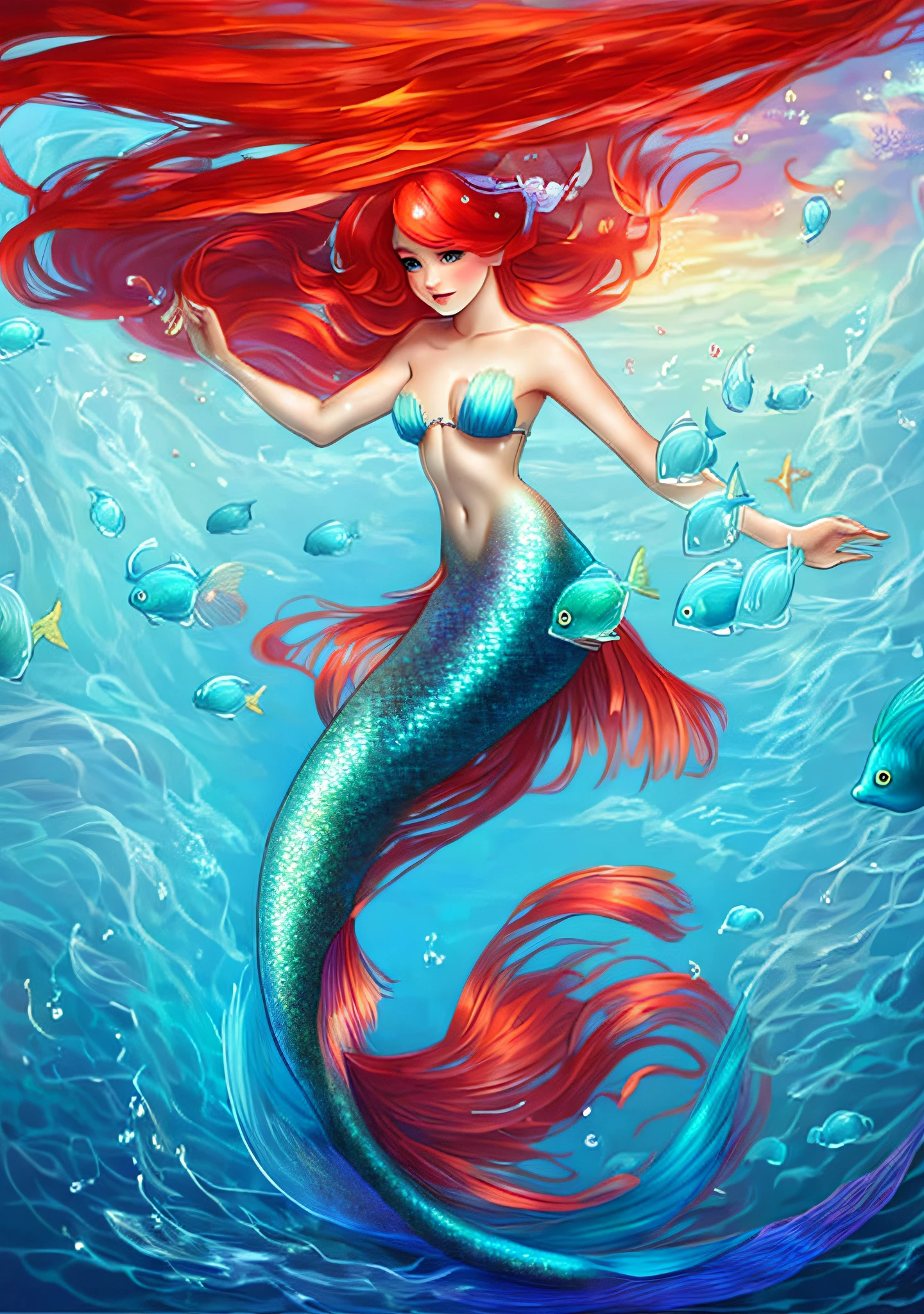 mermaid with long red hair and fish swimming in the ocean, beautiful mermaid, mermaid, mermaids and fish, beautiful digital artwork, exquisite digital illustration, emma watson as a mermaid, portrait of mermaid, mermaid body, ariana grande as a mermaid, little mermaid, emma watson as sea mermaid, mermaids, beautiful digital illustration, adorable digital painting, cute detailed digital art, by Yang J