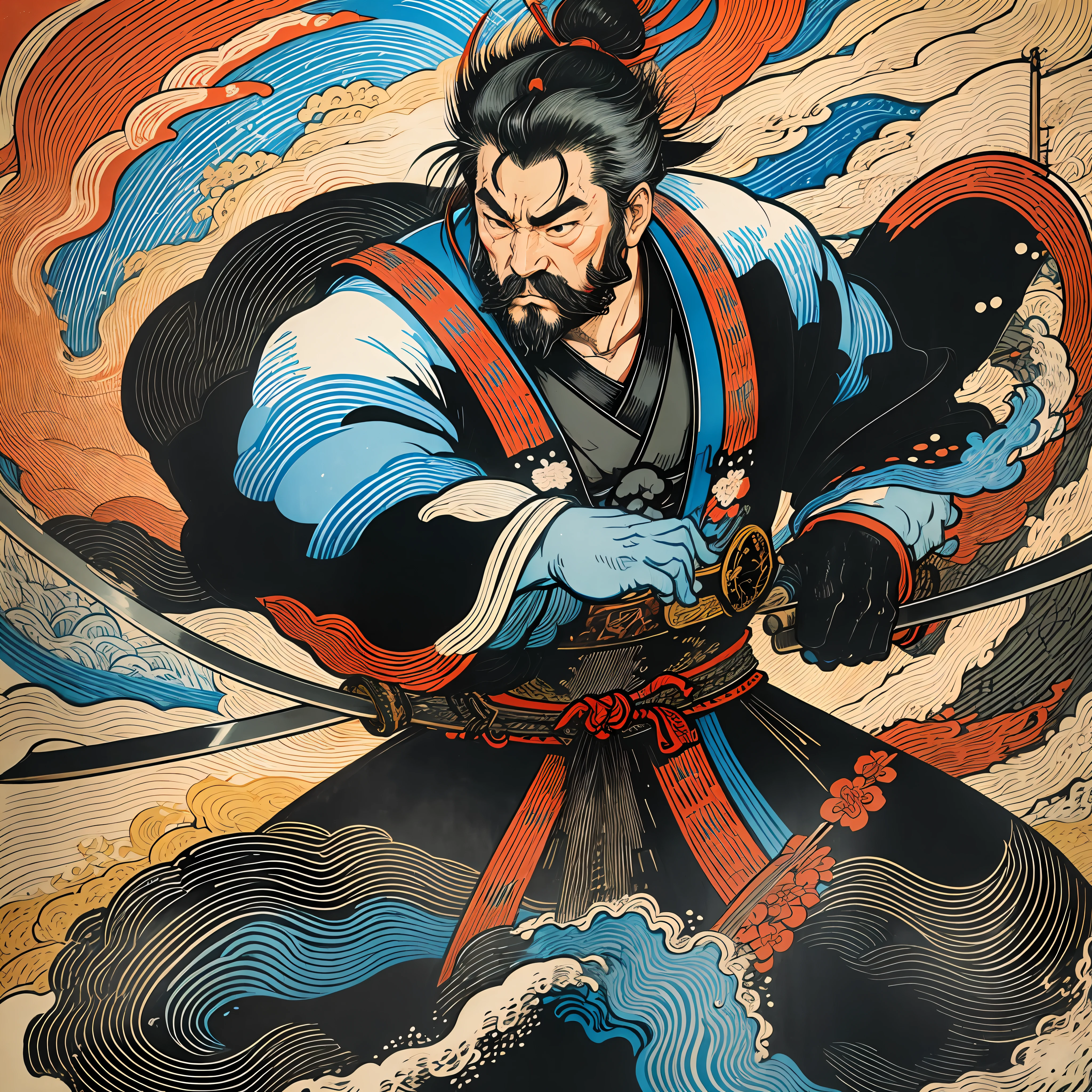 It is a full-body painting with natural colors with Katsushika Hokusai-style line drawings. The swordsman Miyamoto Musashi is a Japan samurai with a large and strong physique like a professional wrestler. His face is very dignified. He also has short black hair and a short, trimmed beard. His upper body is covered in a black kimono and his hakama is knee-long. In his right hand he holds a Japan sword with a longer sword part. High quality, masterpiece high resolution ukiyo-e style sharp glowing lightning and swirling red flames. Miyamoto Musashi powerfully swings his sword down towards the enemy in front. One sword and two cuts
