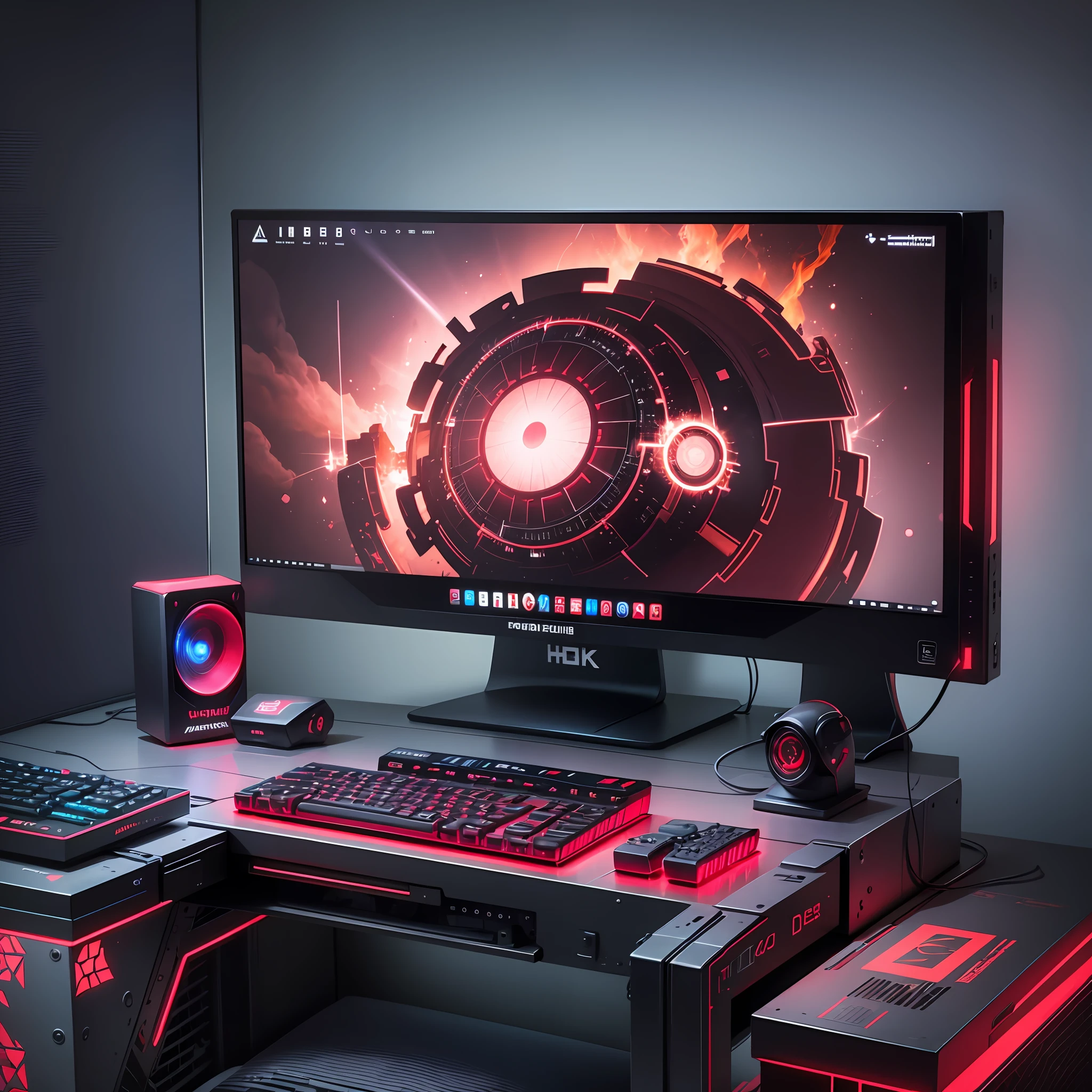 Realistic computer desk in a realistic 4K red LED gamer environment --auto --s2