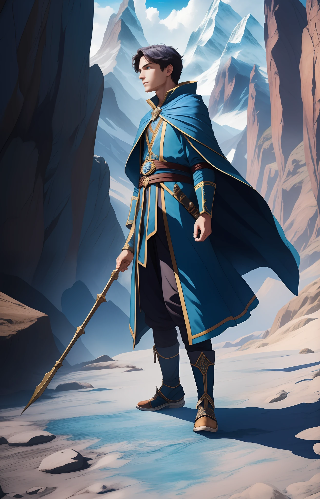 young sorcerer, unleashing magic, blue-hued clothes, mountains in the background