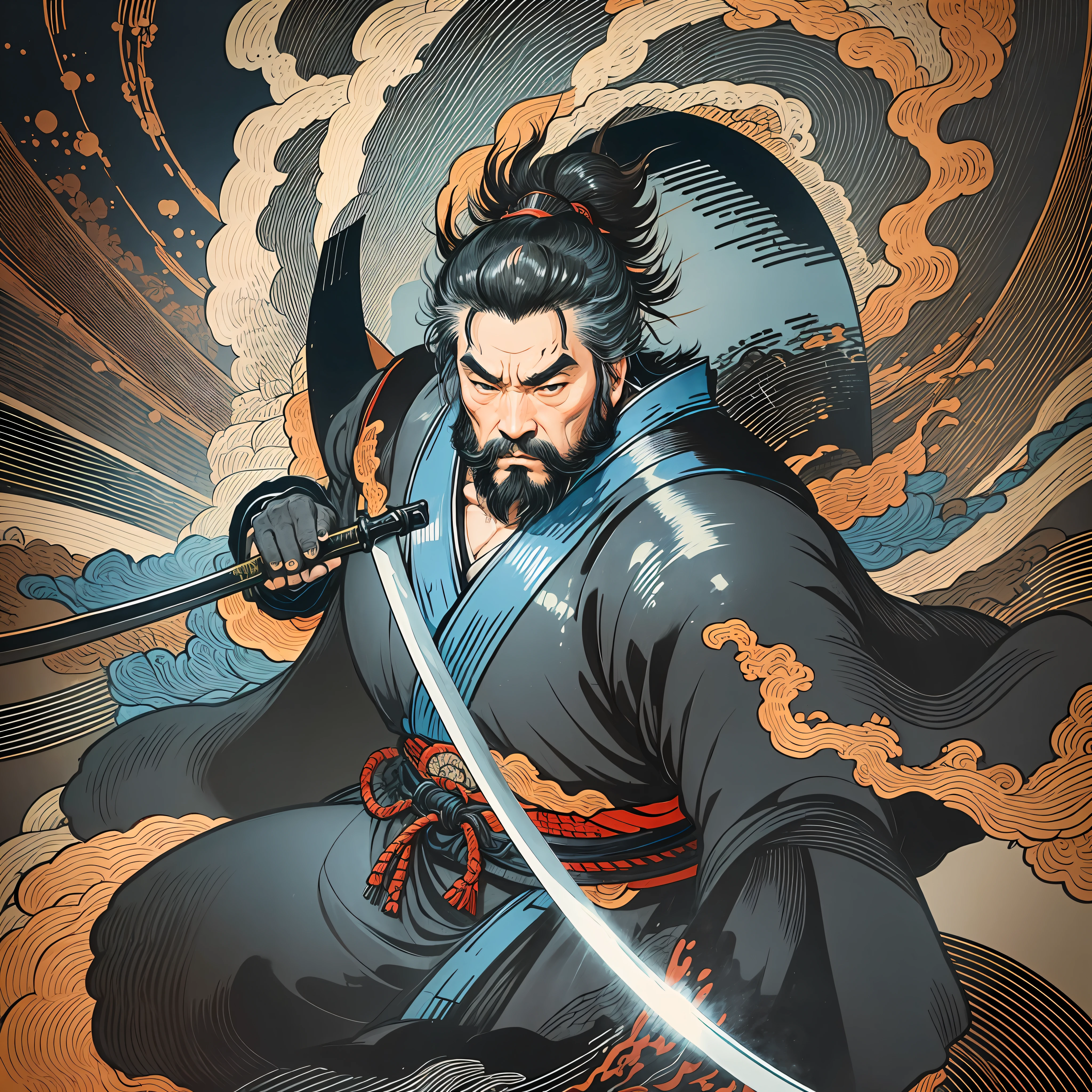 It is a full-body painting with natural colors with Katsushika Hokusai-style line drawings. The swordsman Miyamoto Musashi is a Japan samurai with a large and strong physique like a professional wrestler. His face is very dignified. He also has short black hair and a short, trimmed beard. His upper body is covered in a black kimono and his hakama is knee-long. In his right hand he holds a Japan sword with a longer sword part. High quality, masterpiece high resolution ukiyo-e style sharp glowing lightning and swirling red flames. Miyamoto Musashi powerfully swings his sword down towards the enemy in front. One sword and two cuts