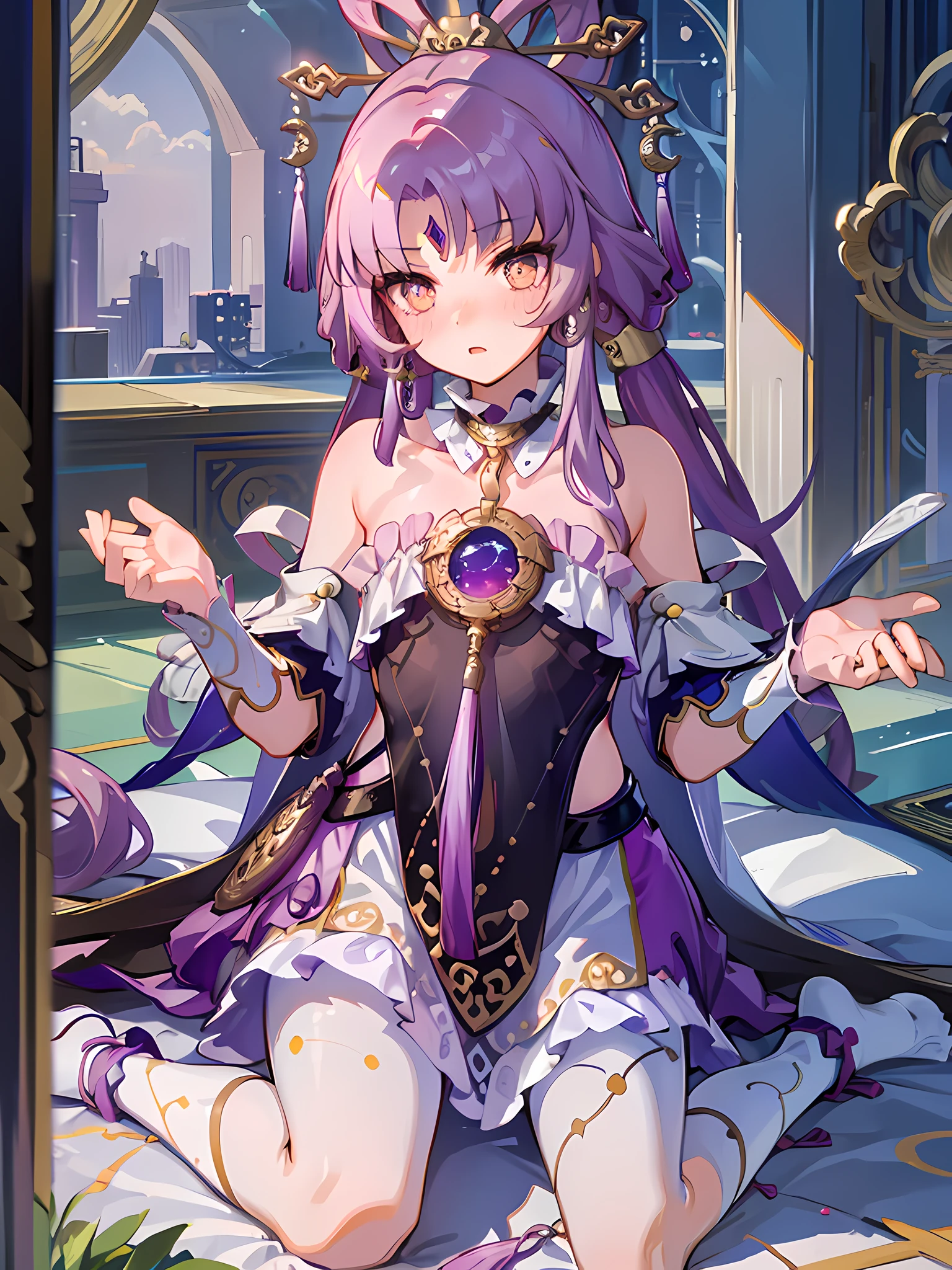 ((masterpiece,best quality)), highres, 1girl, fuxuan, no shoes,wariza, blush, on bed
