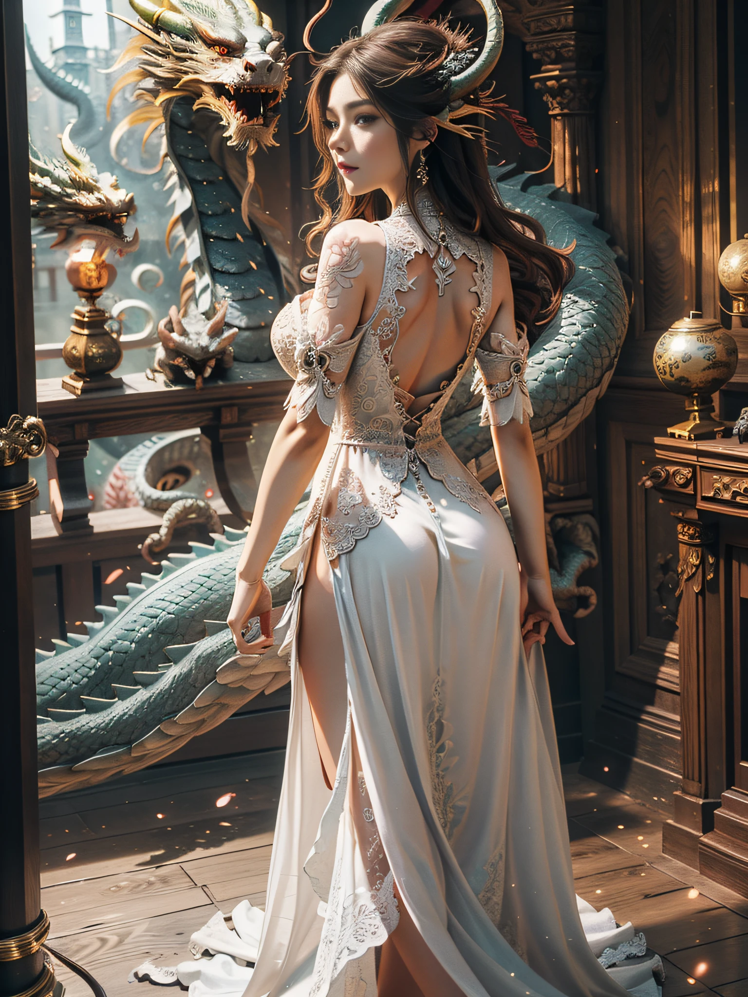 dragon_real, (extremely detailed CG 8k wallpaper, masterpiece, best quality, ultra detailed, beautiful detailed eyes: 1.2), best lighting, (best shadow, extremely delicate and beautiful bloom), the girl was surrounded by dragons, ( 1girl: 1.4), breasts, solo, full body, back tattoo, white dress, (dragon color: 1.4), bare leg, long dress,