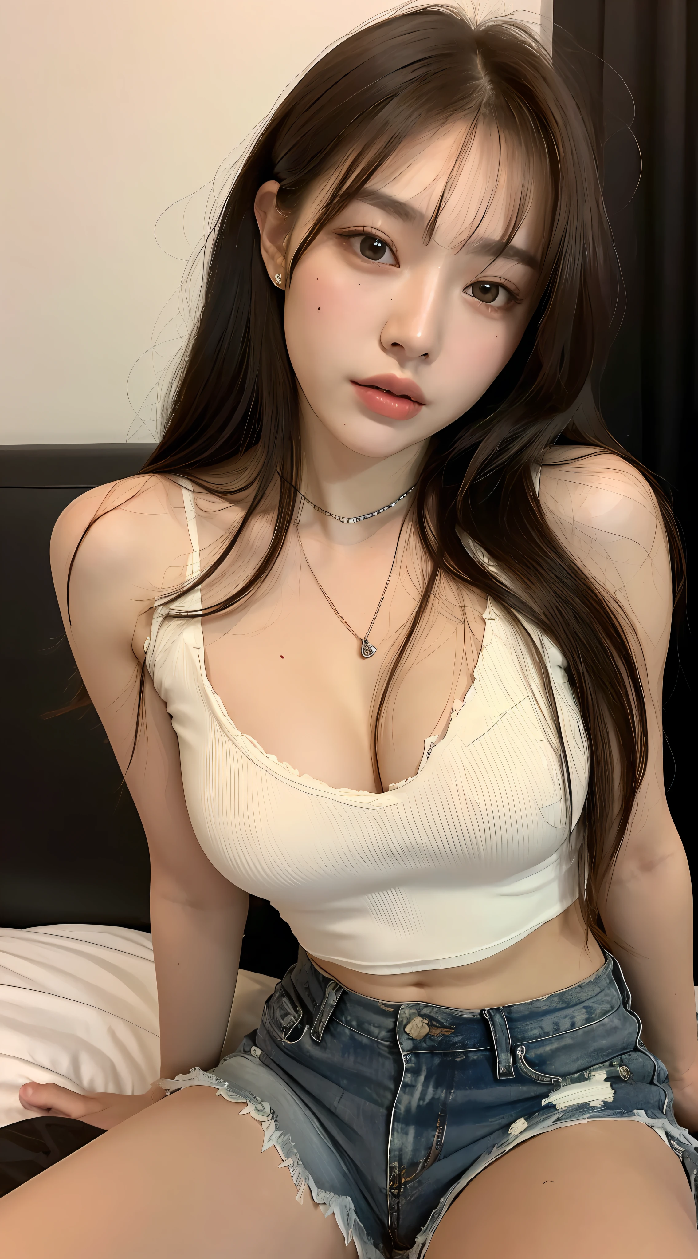 (top quality, 8k, masterpiece: 1.3), pretty woman with perfect figure: 1.4, dark brown hair, big, wearing pendants, torn shorts, sleeping in bedroom, highly detailed face and skin, detailed eyes, double eyelids