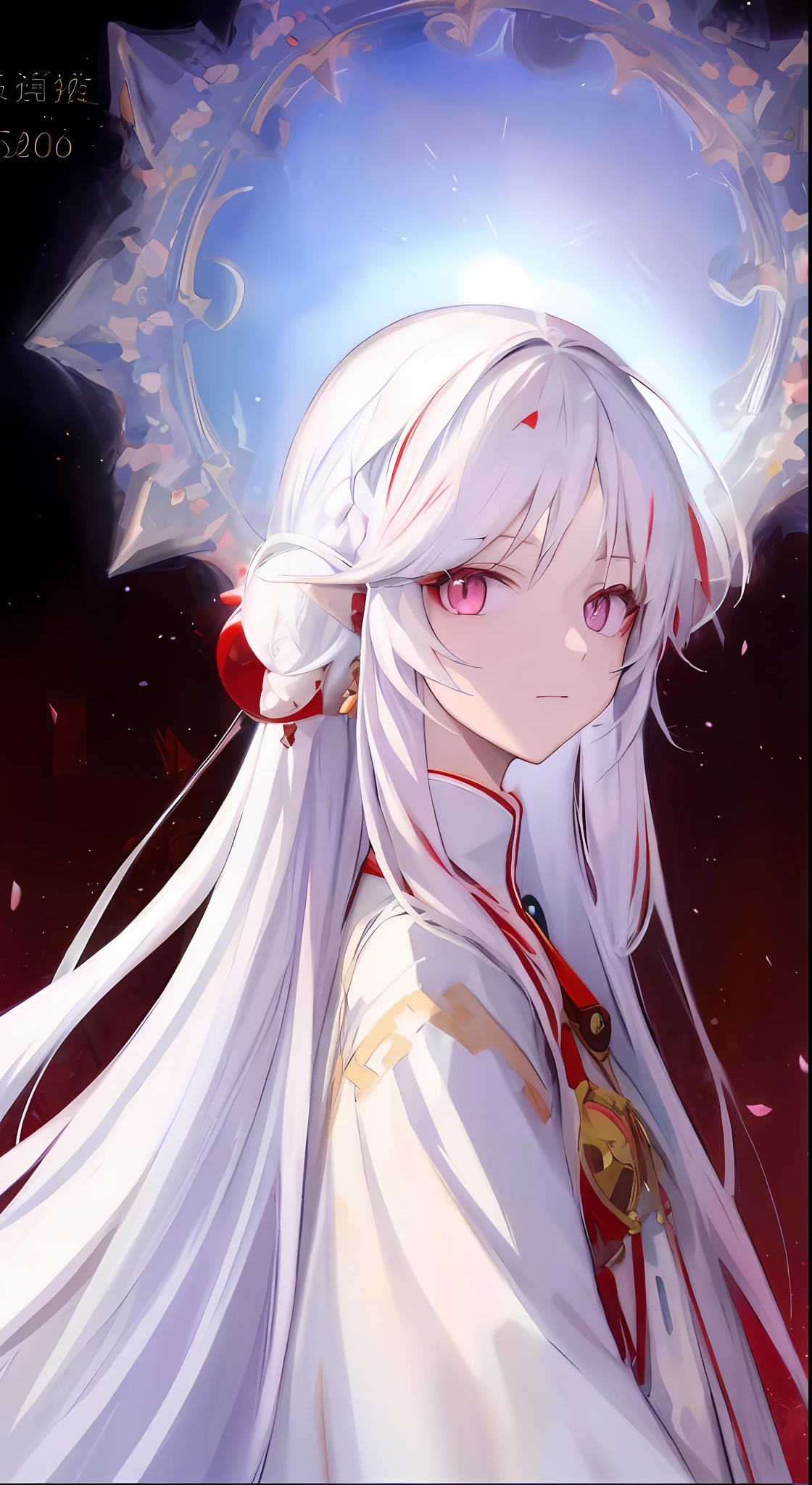 Anime cat lady girl with white long hair and red eyes, white dress, white hair, anime goddess, anime style,
