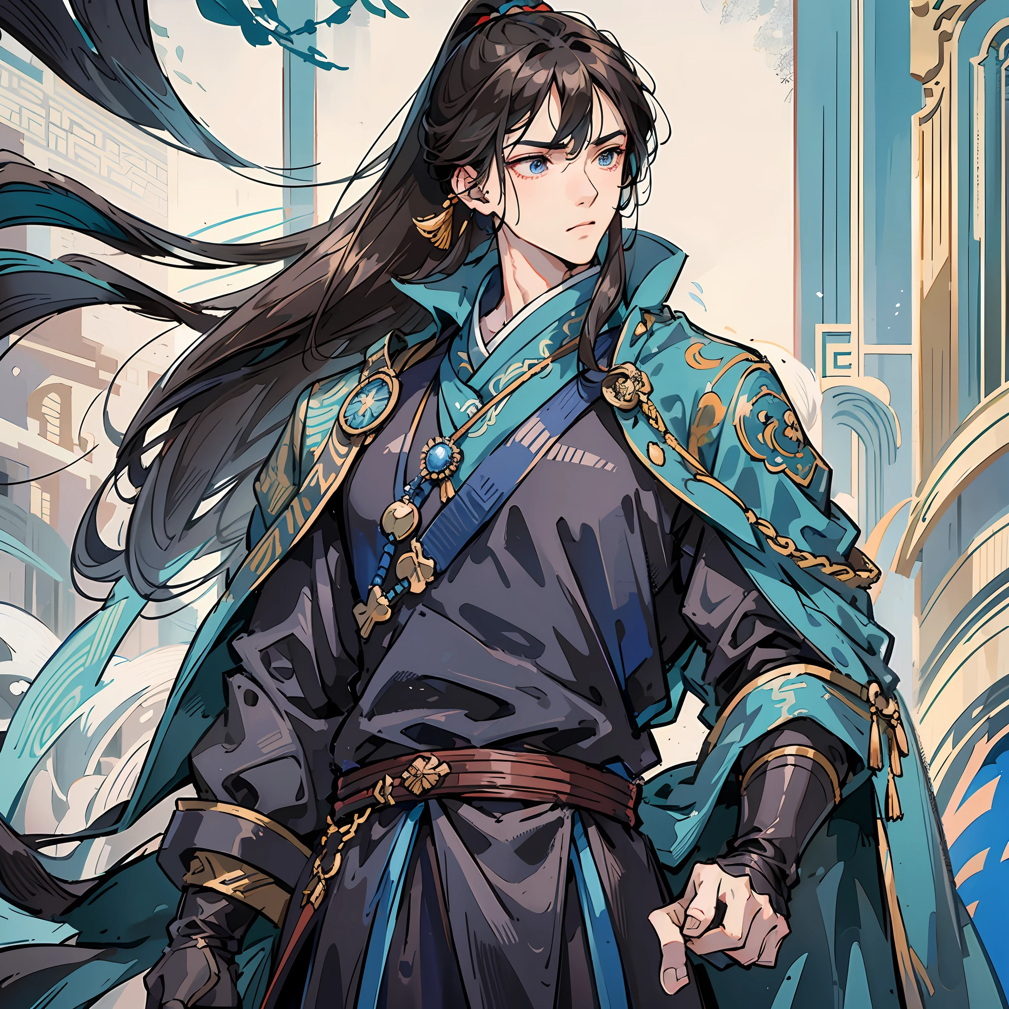 Masterpiece, Excellent, Daytime, 1 Man, Chinese Style, Ancient China, Chinese Court, Eagle, Turquoise Brown Hair, Gray-Blue Eyes, Split Hair, Long Hair, Long Bangs, High Ponytail, Handsome, Handsome, Serious, Gentle, Tall, Quiet, Dark Clothes, Gray-Blue Clothes, Dark Blue Clothes, Prince, Sword, Looking Down --auto --s2