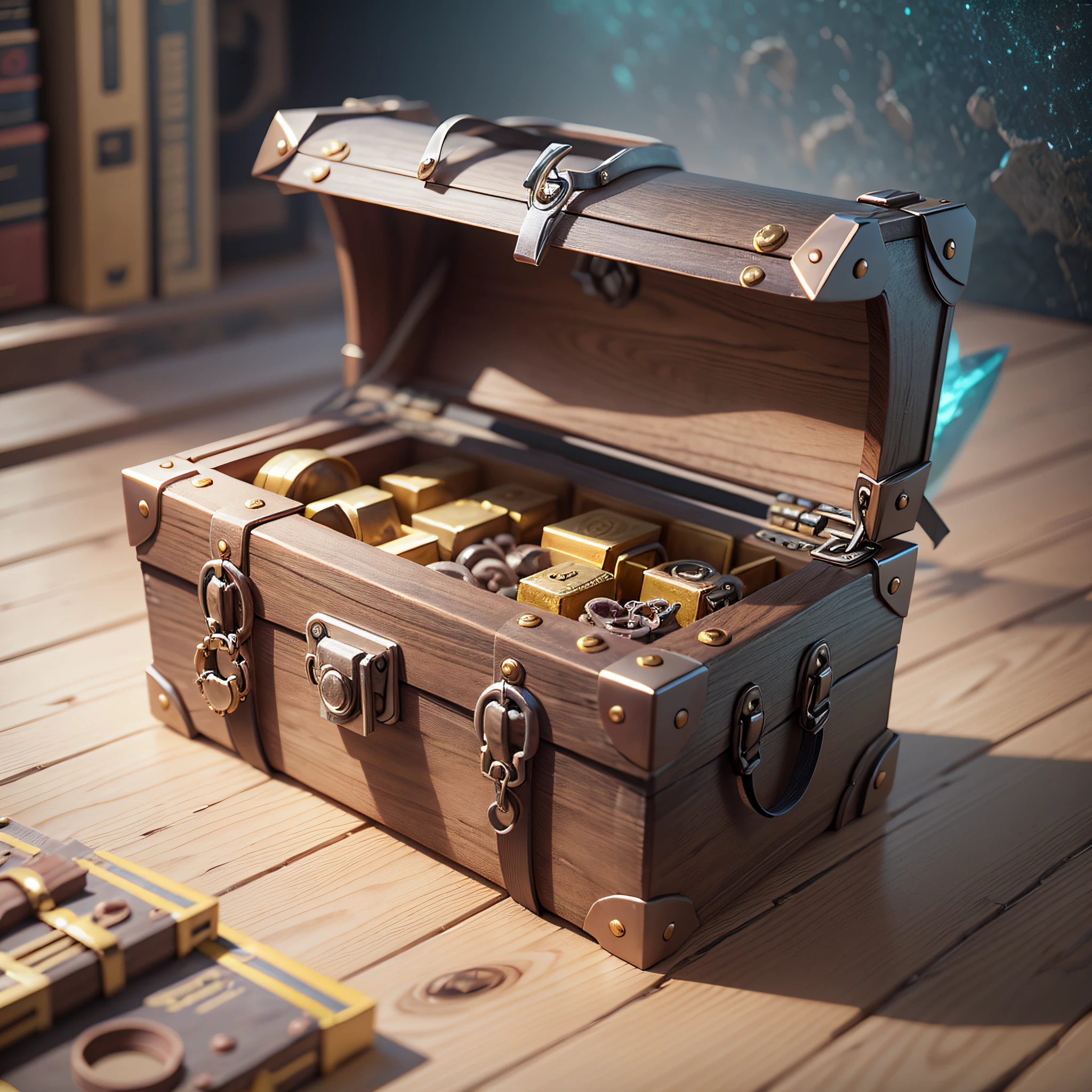 Create a futuristic treasure chest image using Blender software --auto --s2