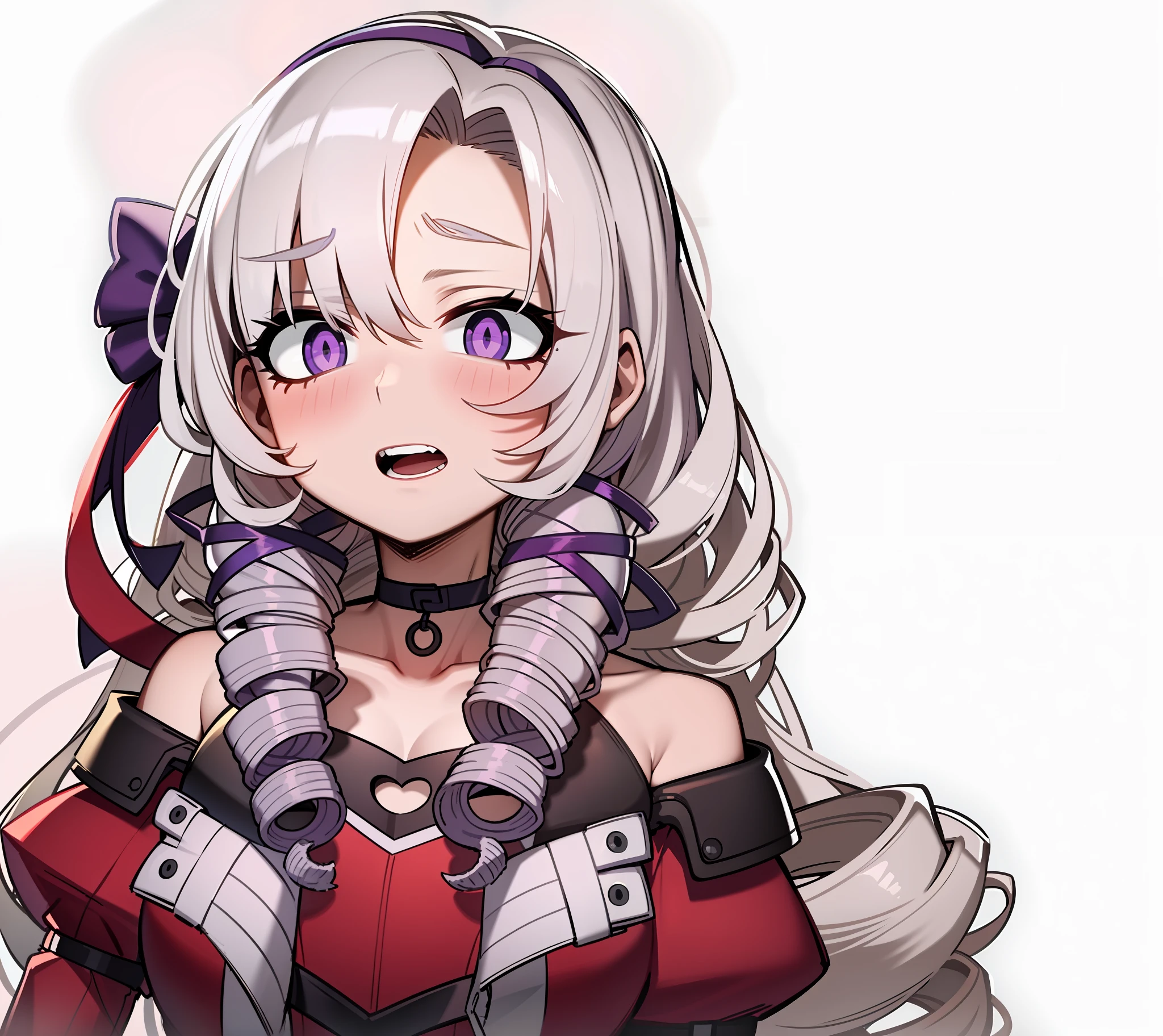 surprised face, difficult face, open mouth, wide open, swirling pupils, purple pupils, purple ribbons, headbands with purple, lilac hair, drill hair,