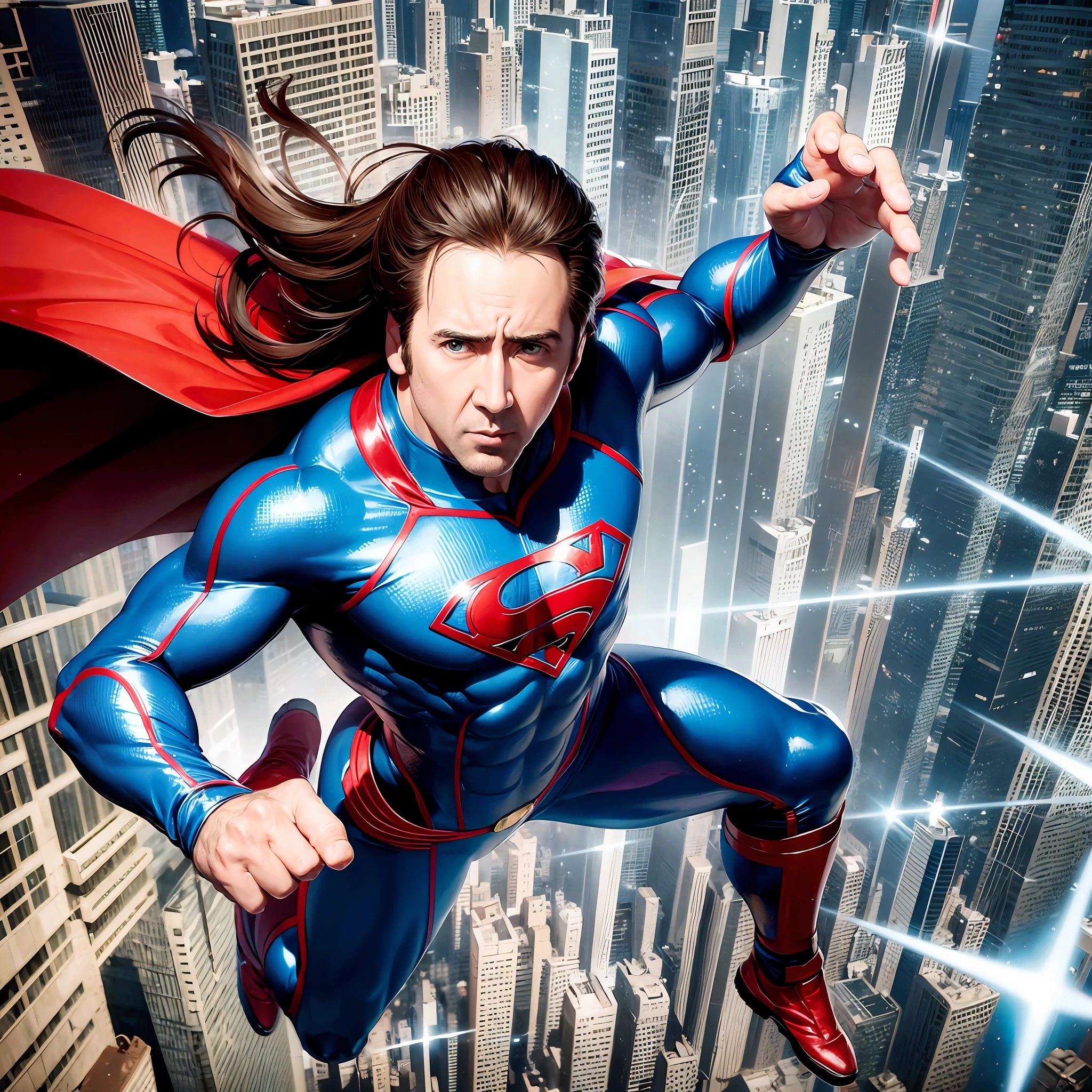 Nicolas Cage, Super Man, Long hair, ((Full body)), Flying, Rio de Janeiro, Bullets,  high definition, high details --auto --s2