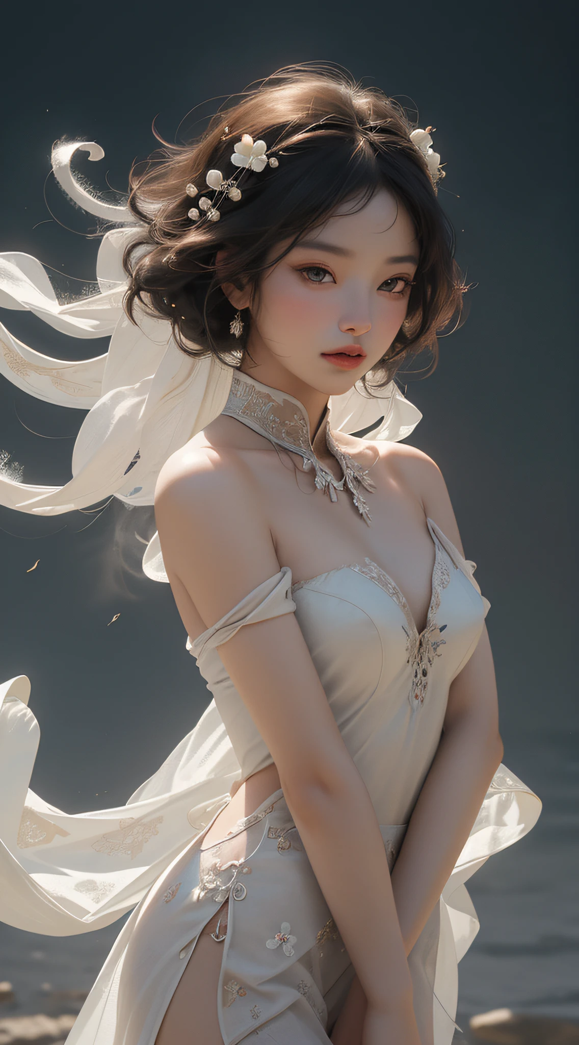 NSFW, Super High Quality, Masterpiece, Perfect Illustration, Extreme Details (Delicate Light and Shadow, Highly Dramatic Picture,)Zhong Hua, 1 Girl, Solo, Hanfu, Ancient_Chinese_architecture, Flower Field, Flowers, (White Smoke:1.3) (Realistic:1.4), Zen Entanglement, Mandala, Tangled, Official Art, Unity 8k wallpaper, super detailed, beautiful and beautiful, masterpiece, best quality, (Dynamic angle: 1.4), glowing skin, (Floating colorful flashes: 1) The most beautiful chaotic forms, elegant, brutalist design, bright colors, romantic depth of field exotic_dance, half_naked
