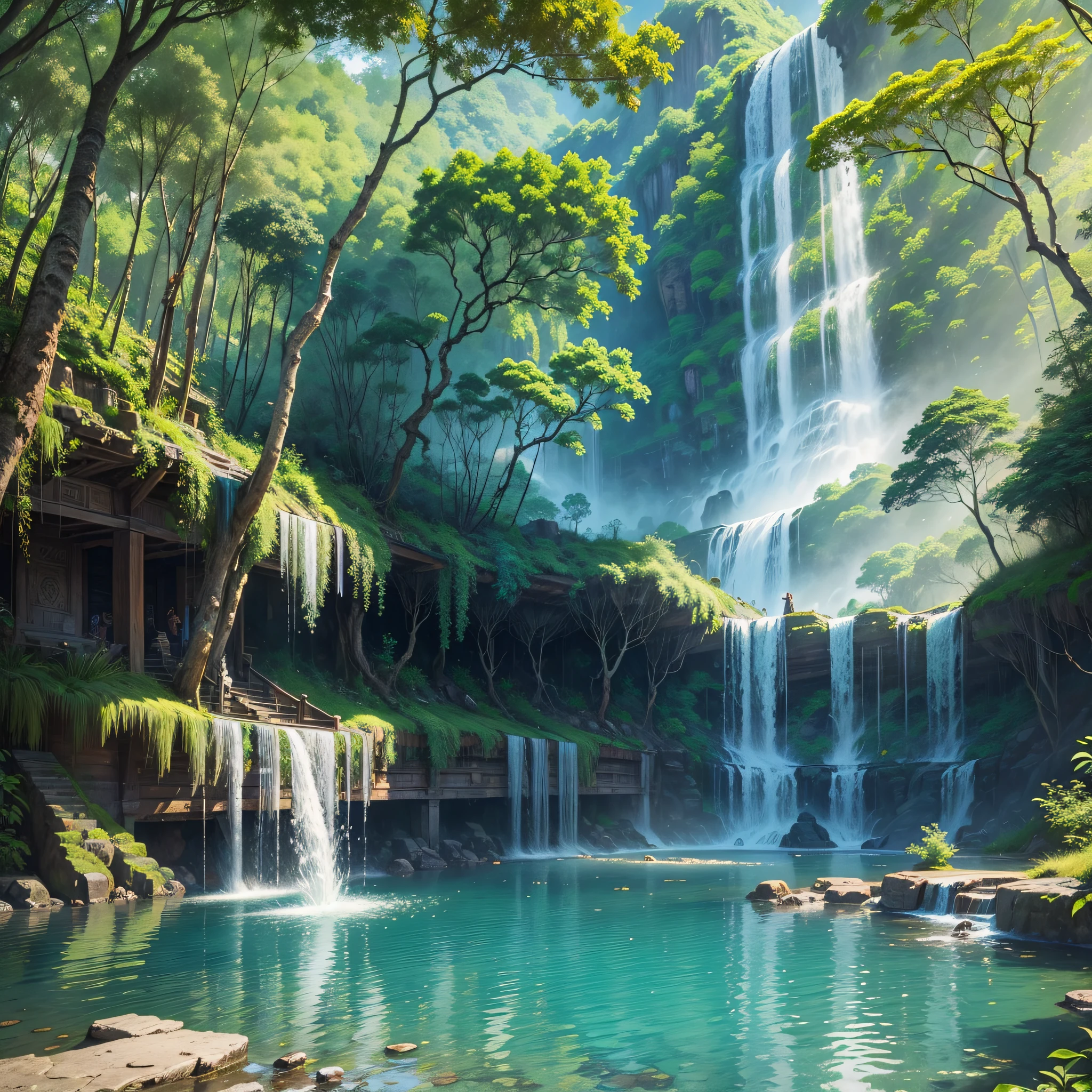 A waterfall decaying from the sky, green trees, flying willows, surrounded by blue water, small bridges and running water, ancient color, floral fragrance, warm as jade, singing birds and flowers, paintings of the Amazon with a pyramid, leisure, real photography, 16K resolution --auto --s2