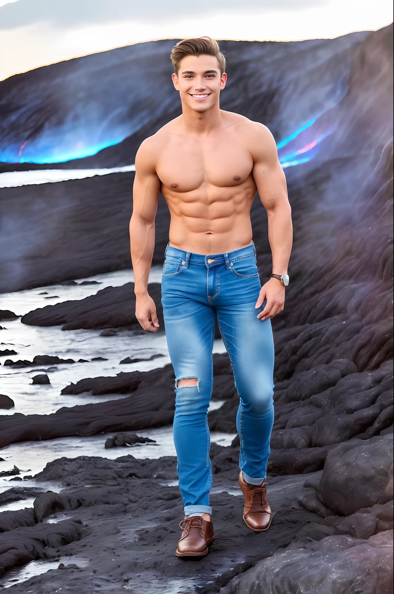 Handsome Francisco Portillo, 25 years old. (happy face), (dark blonde), (fit body: 1.5), (large muscle: 1.4), (lean muscle), proportionate body, blue eyes, ((dressed in tight jeans)) . ((Standing walking near a lava river on a moonlit ht))