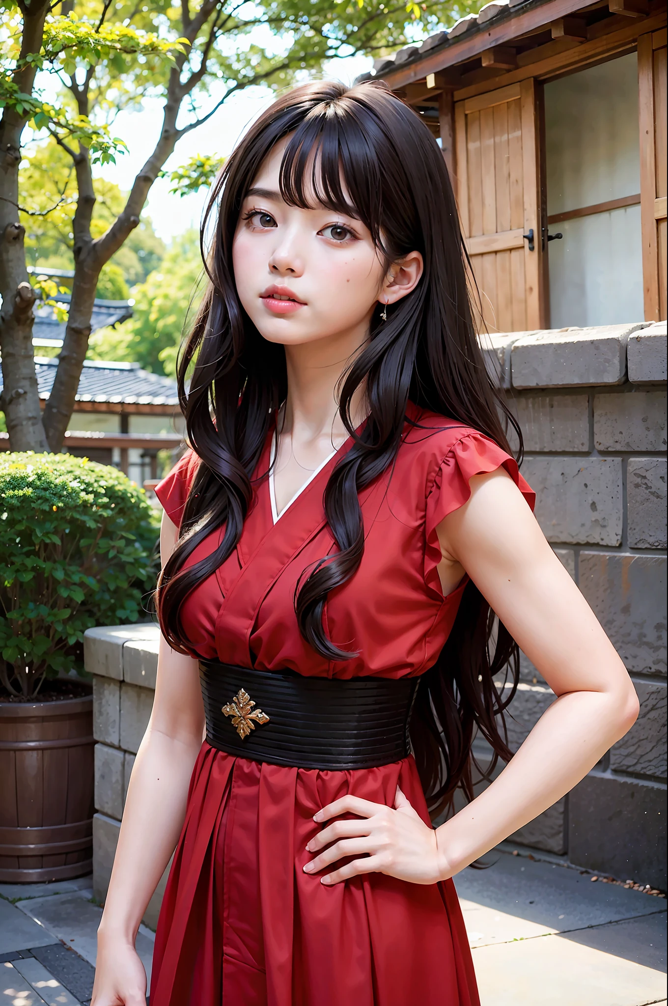 Top quality, masterpiece, black hair, brown eyes, red clothes, looking up, upper body, hair strands, fair skin, long wavy hair, Japan woman, teenage